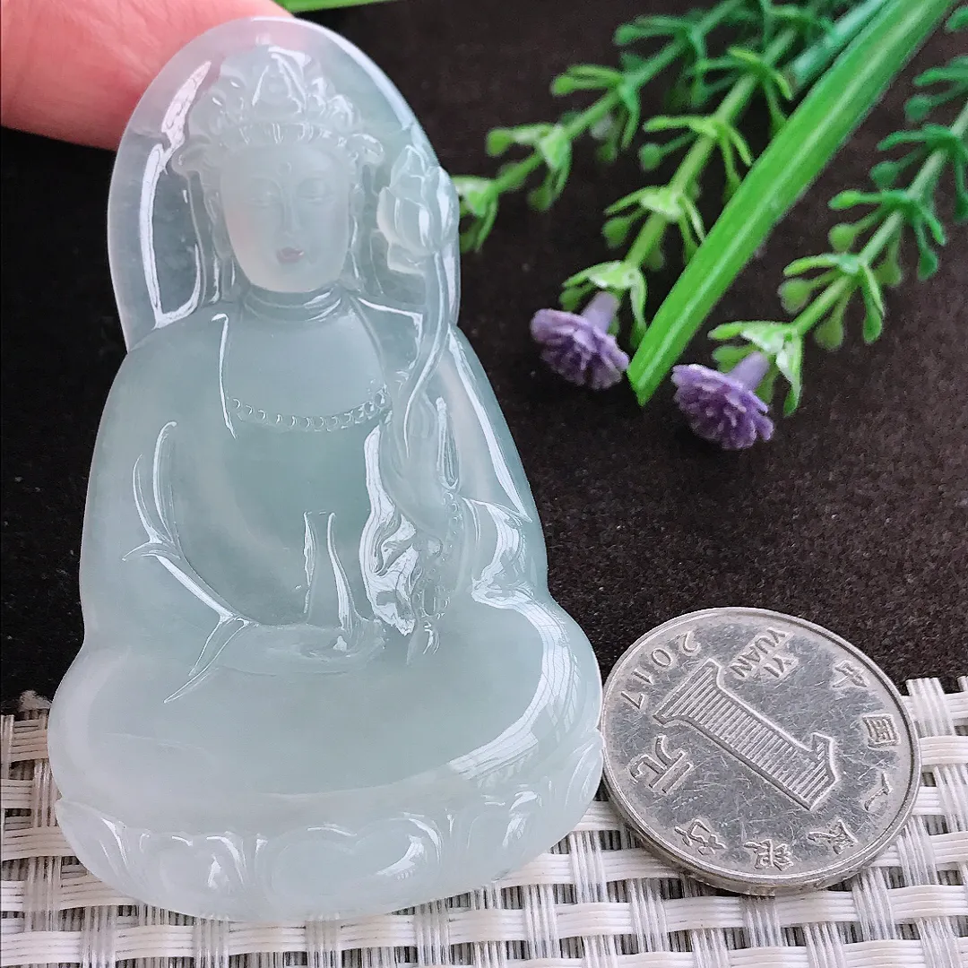 实拍A货翡翠70/42.3/6老坑冰胶果冻冰晴持莲观音吊坠翡翠大势至菩萨挂件