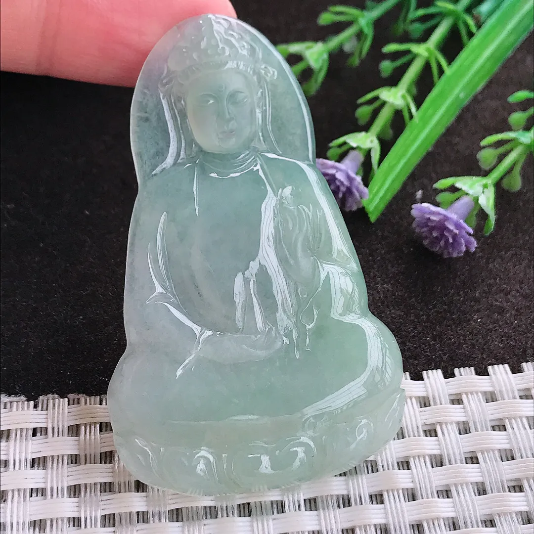 实拍A货翡翠59.5/37.5/4.6老坑冰润起胶冰晴绿素衣观音吊坠翡翠玉牌挂件