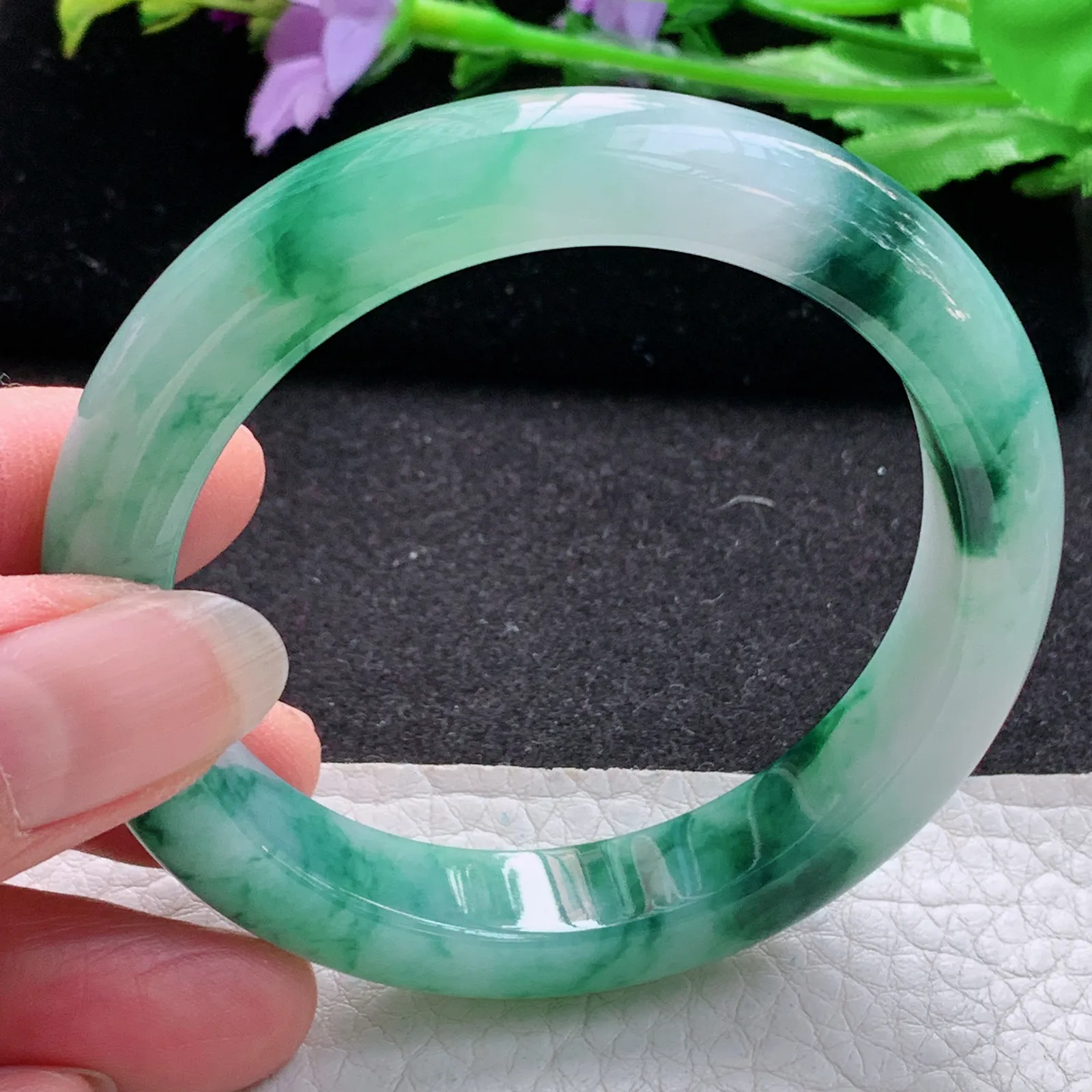 xo实拍55*11.8*8.5平安镯 缅甸翡翠a货玉手镯冰胶飘花宽边玉手环