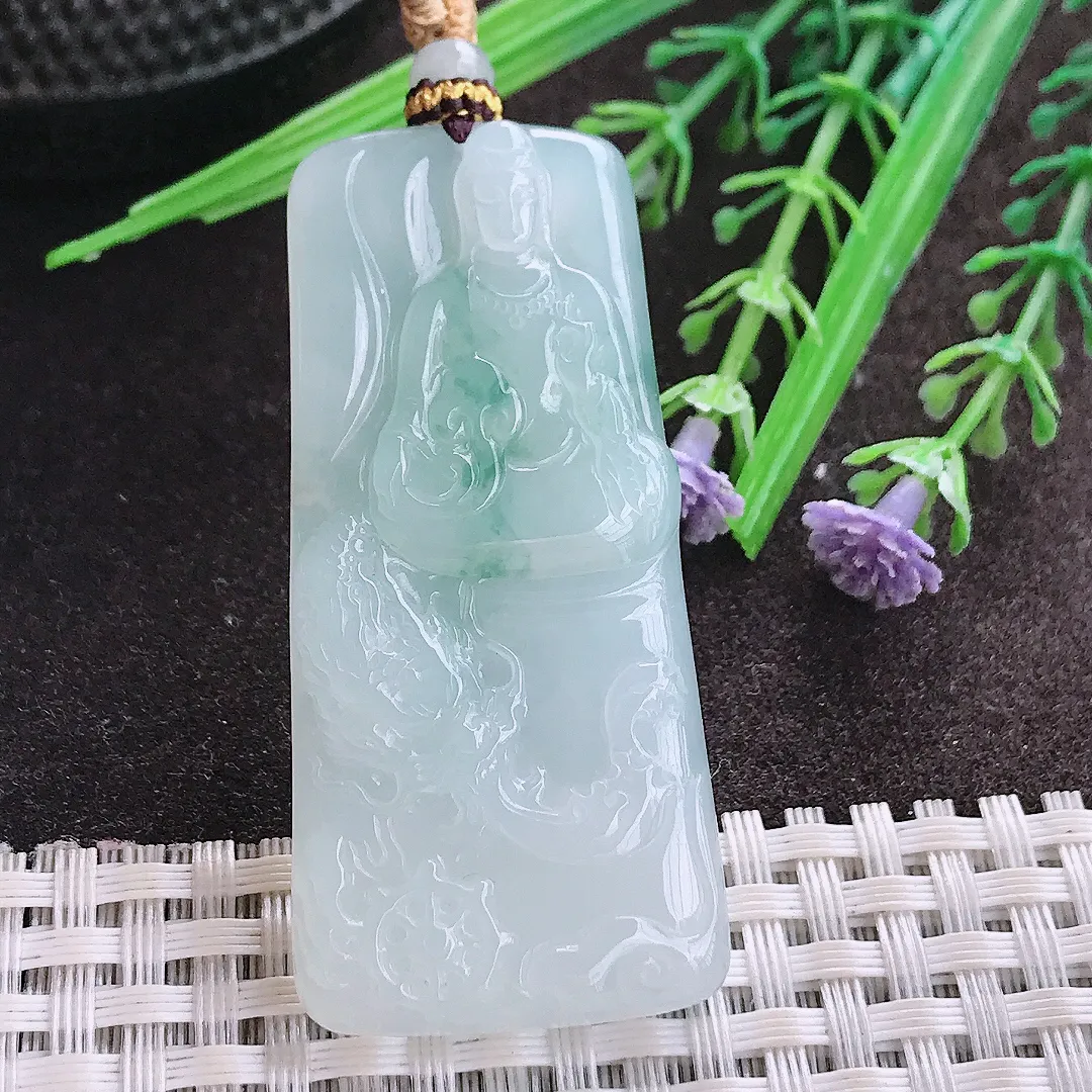 实拍A货翡翠56/25.7/5.3老坑冰胶果冻飘花御龙观音吊坠翡翠玉牌挂件