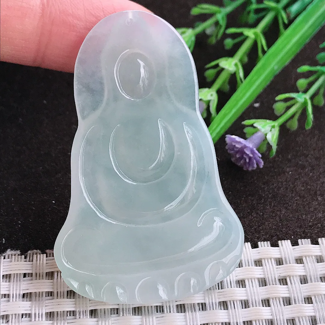 实拍A货翡翠55/36/5.8老坑冰胶水灵冰晴素衣观音吊坠翡翠玉牌挂件
