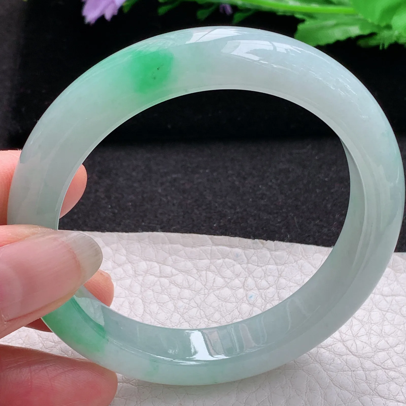 xo实拍57*12.8*9平安镯 缅甸翡翠a货玉手镯冰飘绿宽边玉手环