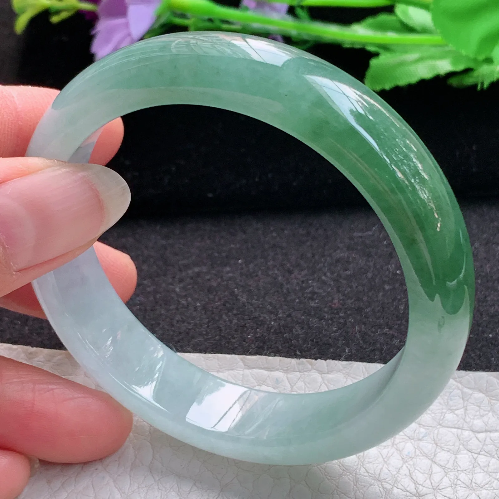 xo实拍56*13.8*7.6平安镯 缅甸翡翠a货玉手镯冰润半山水宽边玉手环