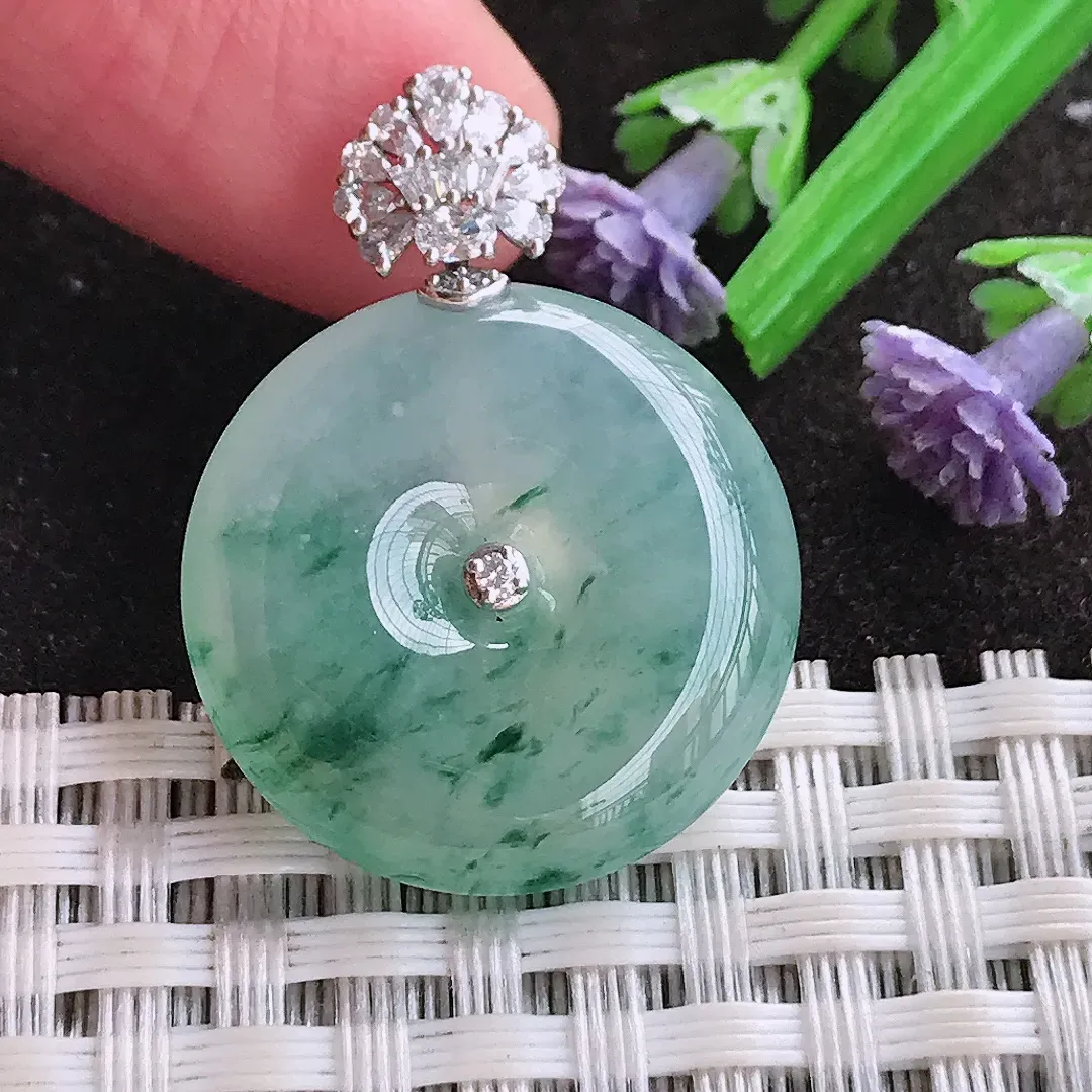 实拍A货翡翠22.3/5.8老坑18k金镶嵌冰种飘花平安扣吊坠翡翠玉牌挂件