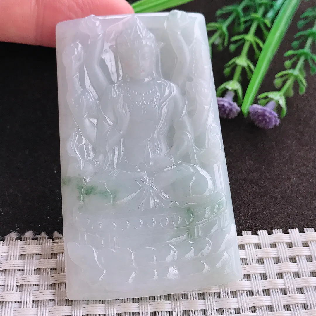 实拍A货翡翠70.5/44/5.8老坑冰润飘花千手观音吊坠翡翠玉牌挂件