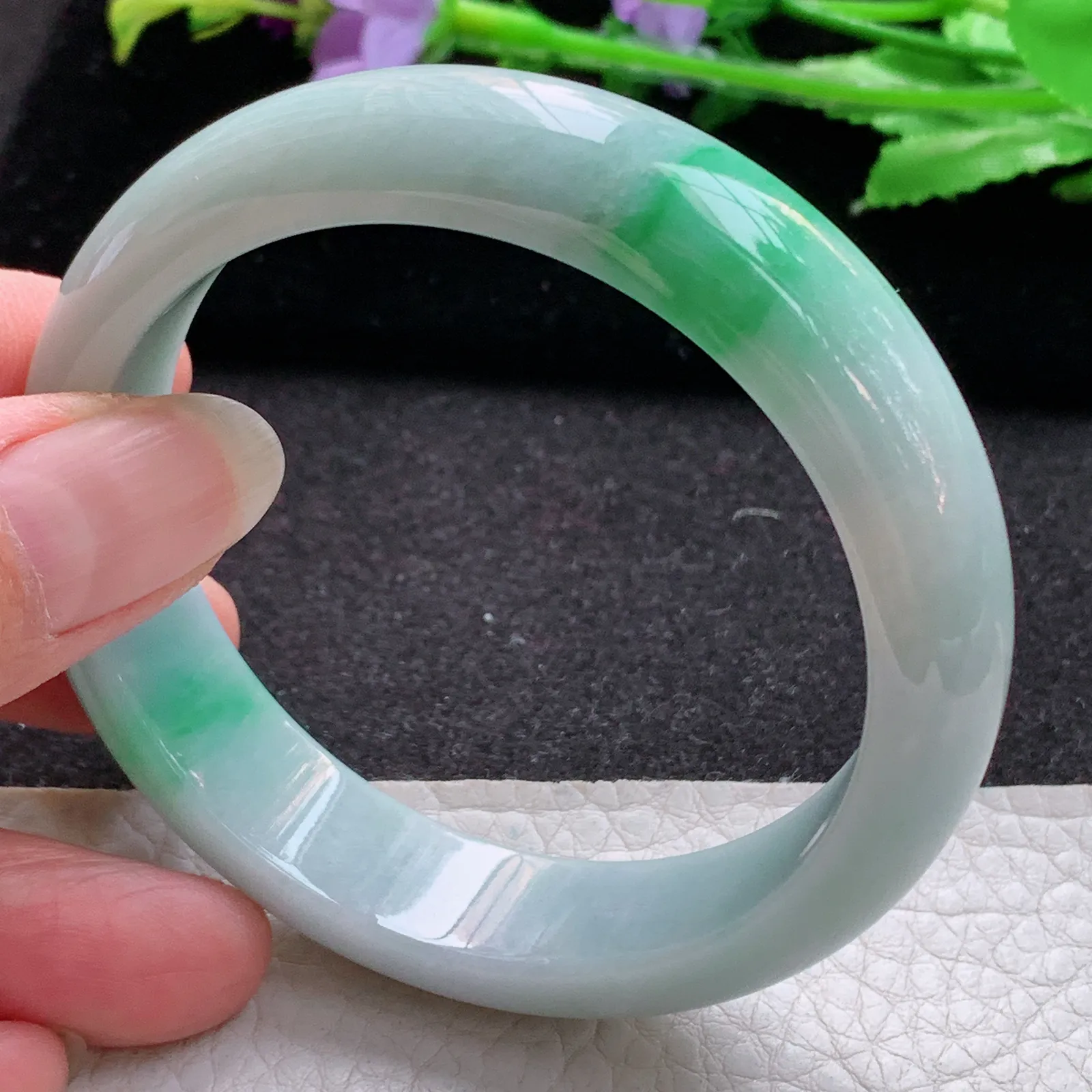 ss实拍56*14.3*7.8平安镯 缅甸翡翠a货玉手镯飘绿宽边玉手环