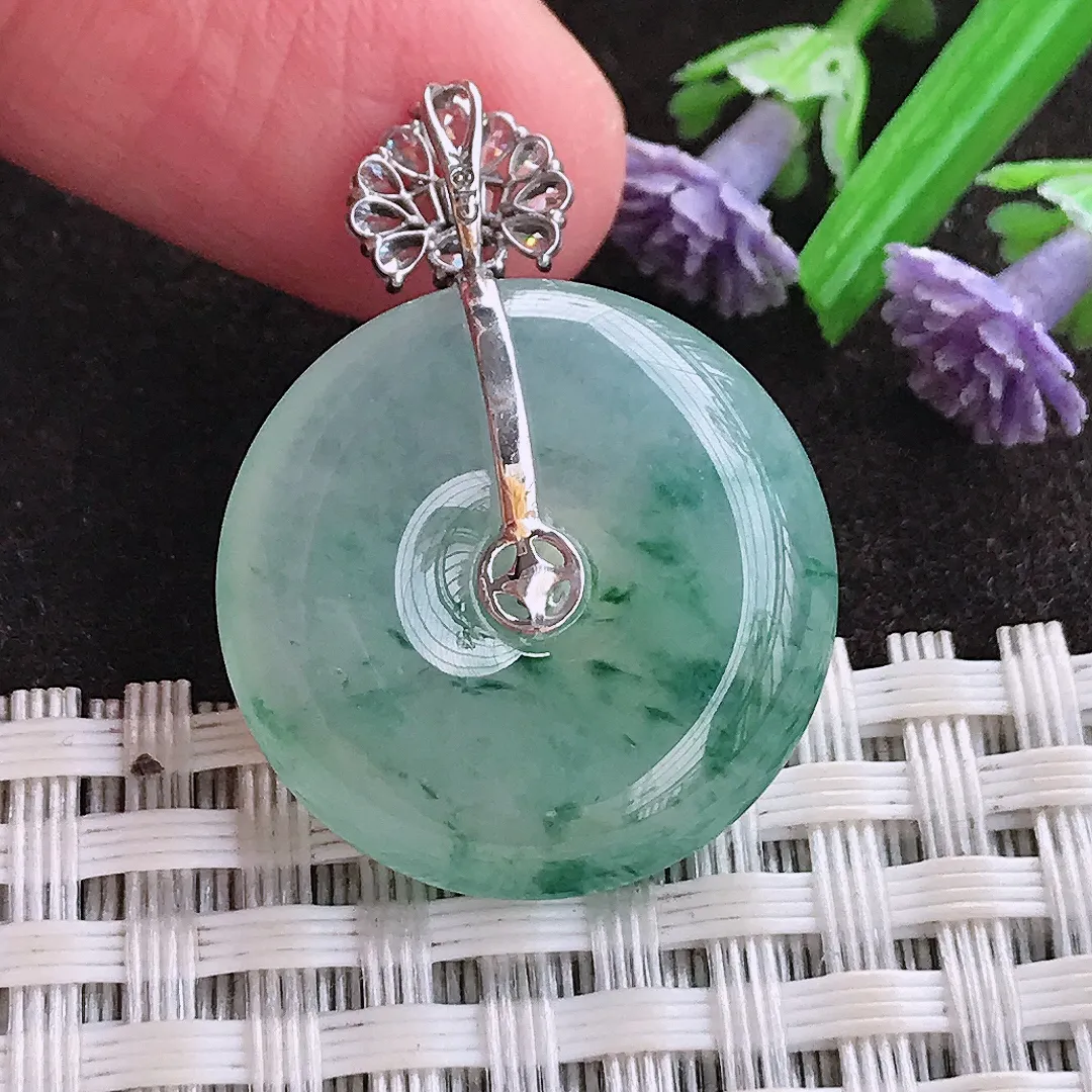 实拍A货翡翠22.3/5.8老坑18k金镶嵌冰种飘花平安扣吊坠翡翠玉牌挂件