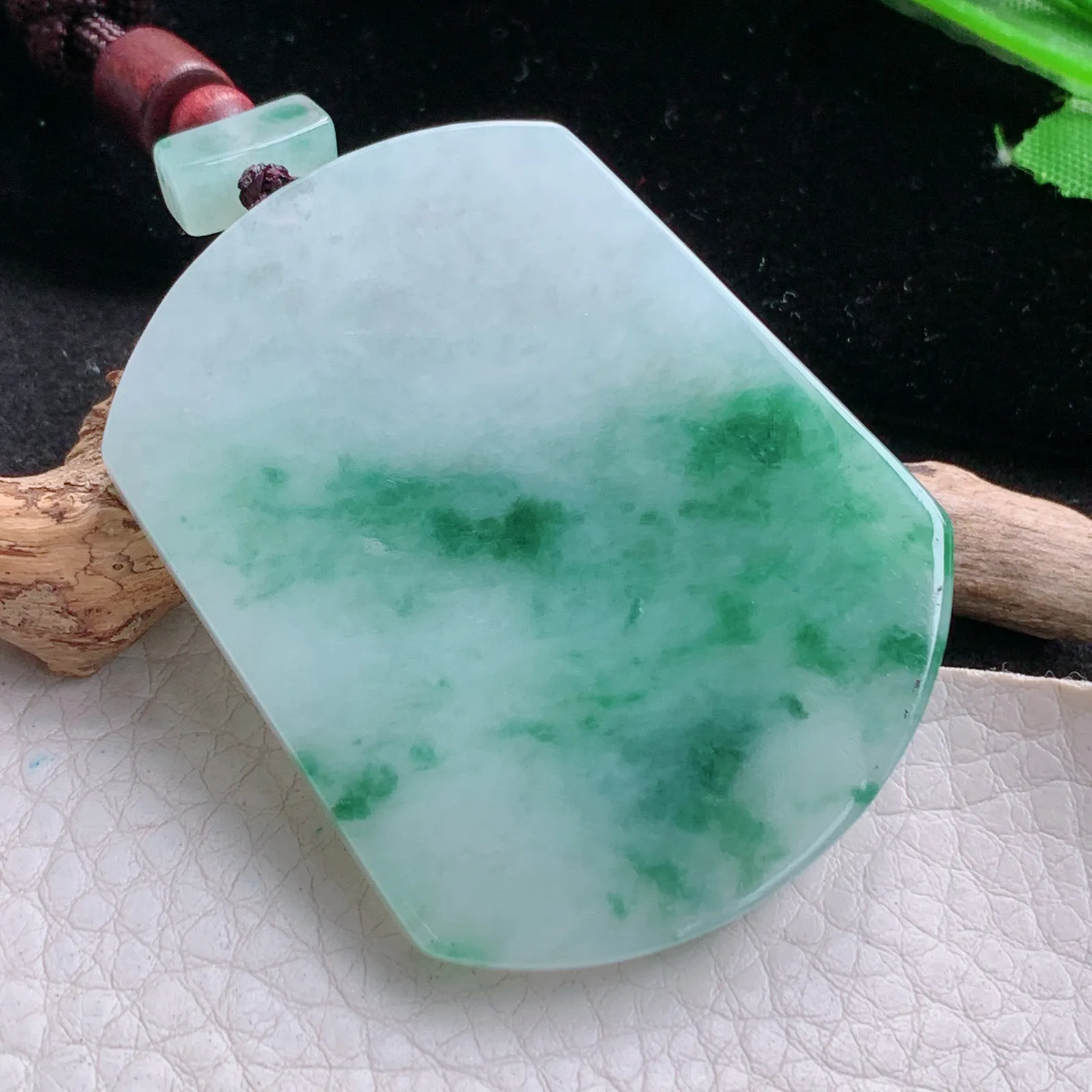 zen自然光54*43*5.8天然缅甸翡翠冰飘绿花平安无事牌 素面牌玉吊坠 玉挂