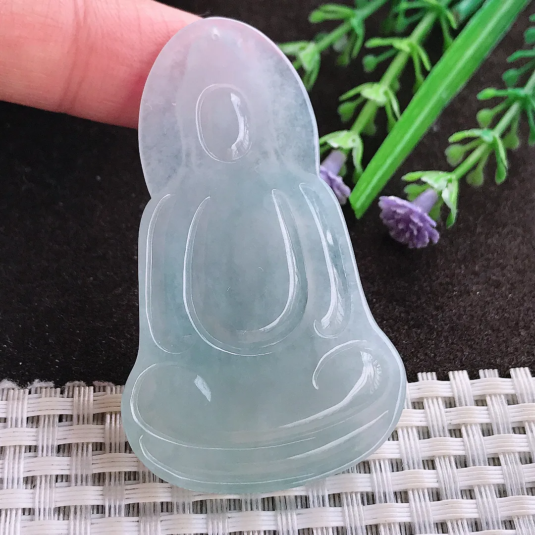 实拍A货翡翠58.6/35.2/5.7老坑冰胶水灵冰晴素衣观音吊坠翡翠玉牌挂件