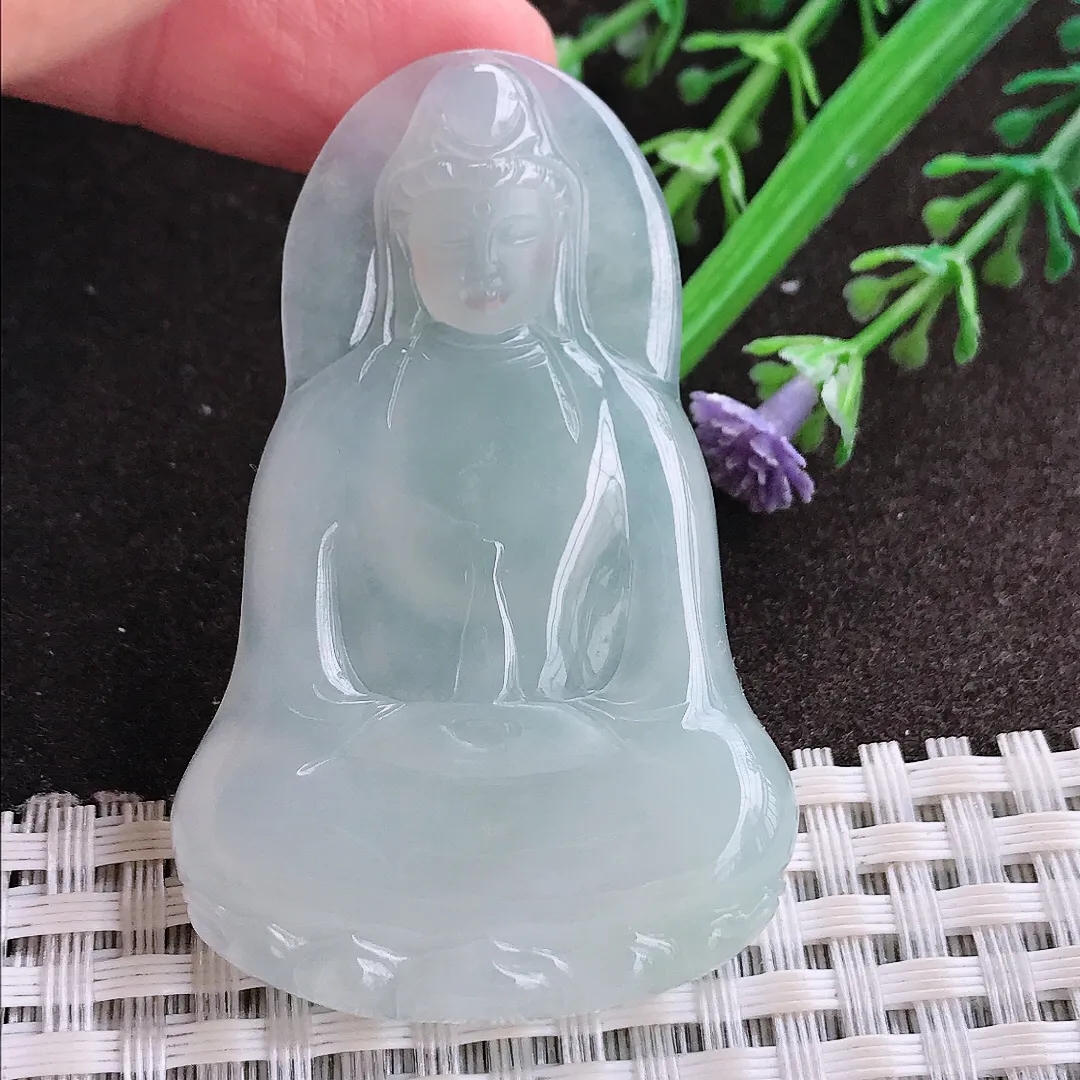 实拍A货翡翠55/36/5.8老坑冰胶水灵冰晴素衣观音吊坠翡翠玉牌挂件