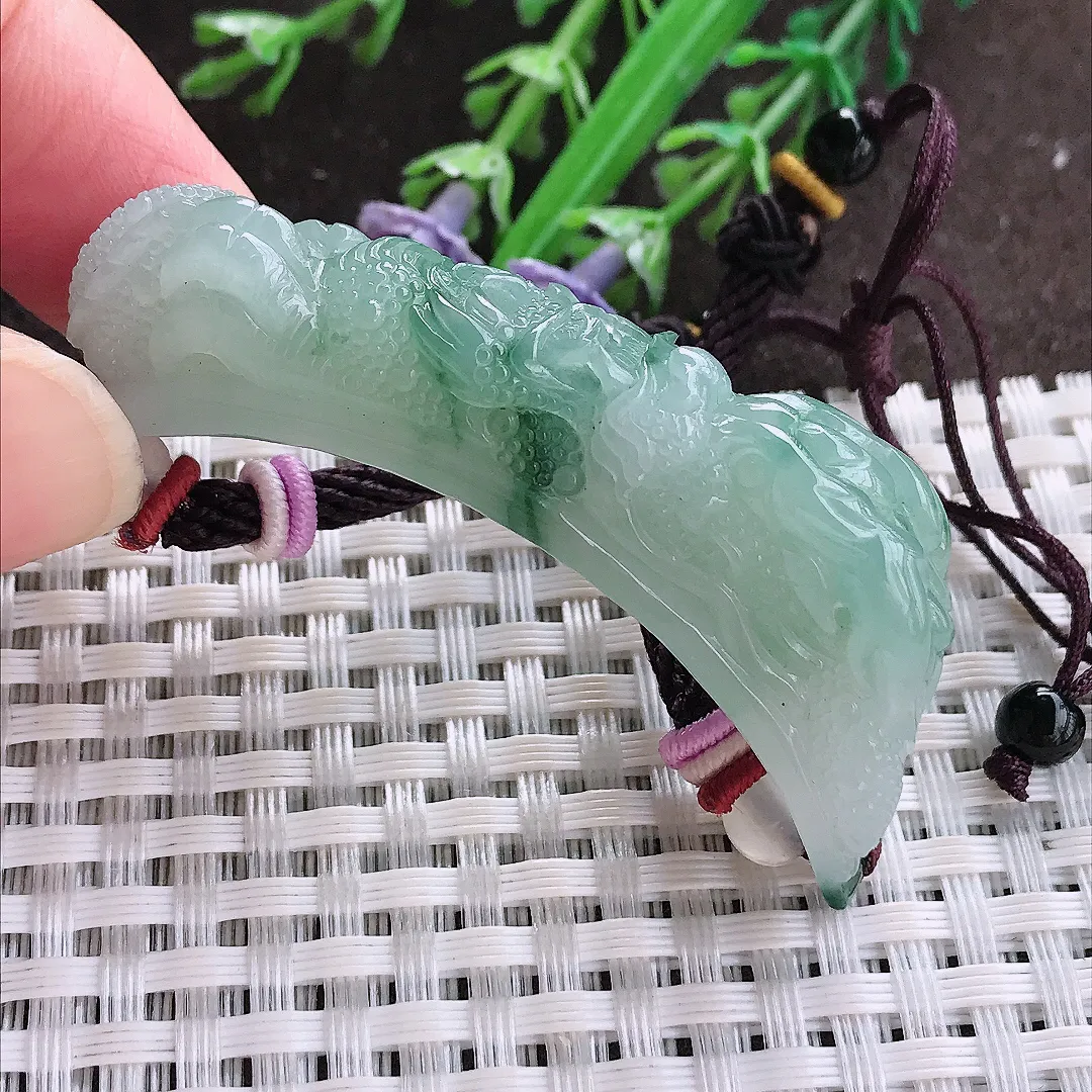 实拍A货翡翠55/11.7/14.5老坑冰润起胶飘花望子成龙手牌吊坠翡翠玉牌