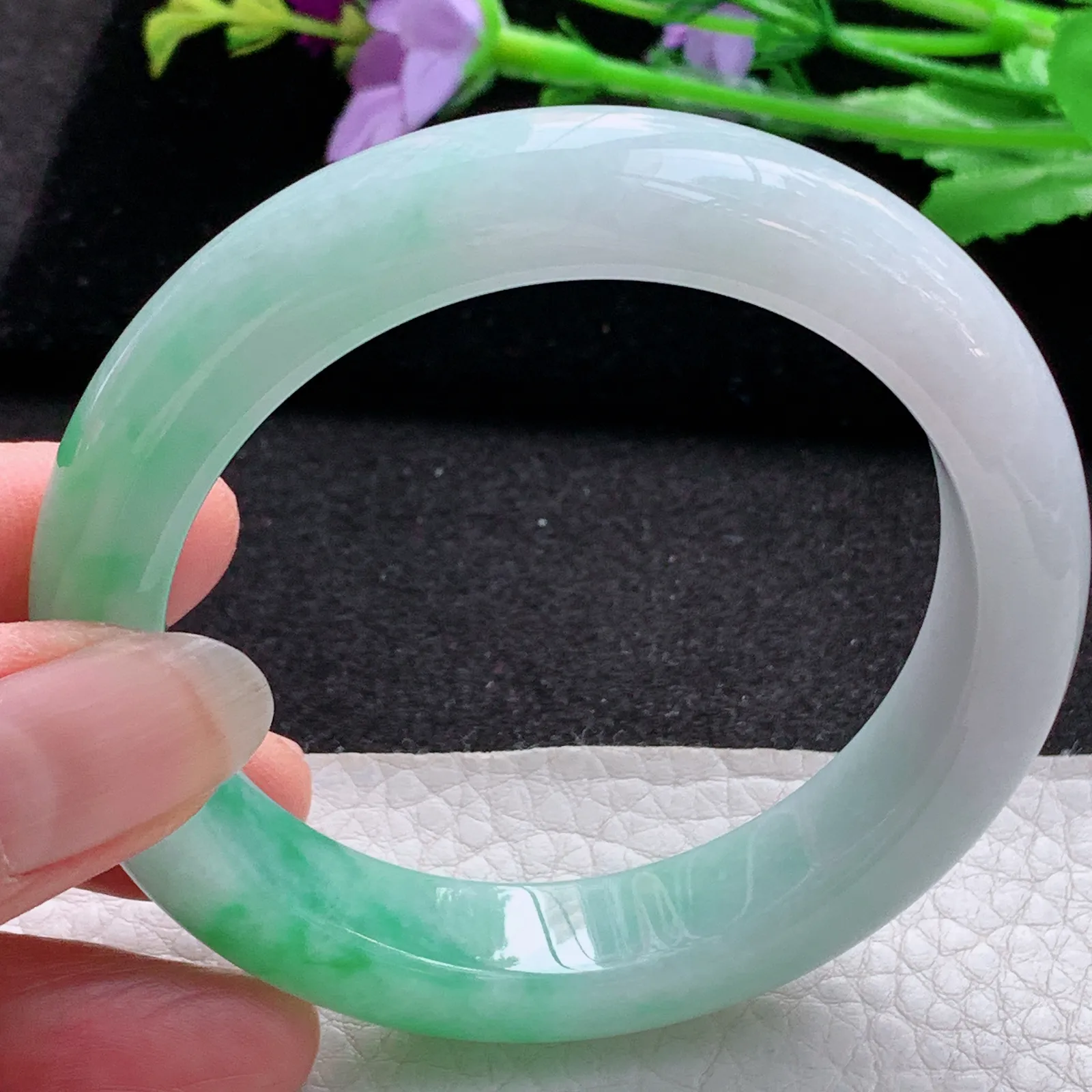 hf实拍56*12.8*9.2平安镯 缅甸翡翠a货玉手镯飘绿厚装宽边玉手环