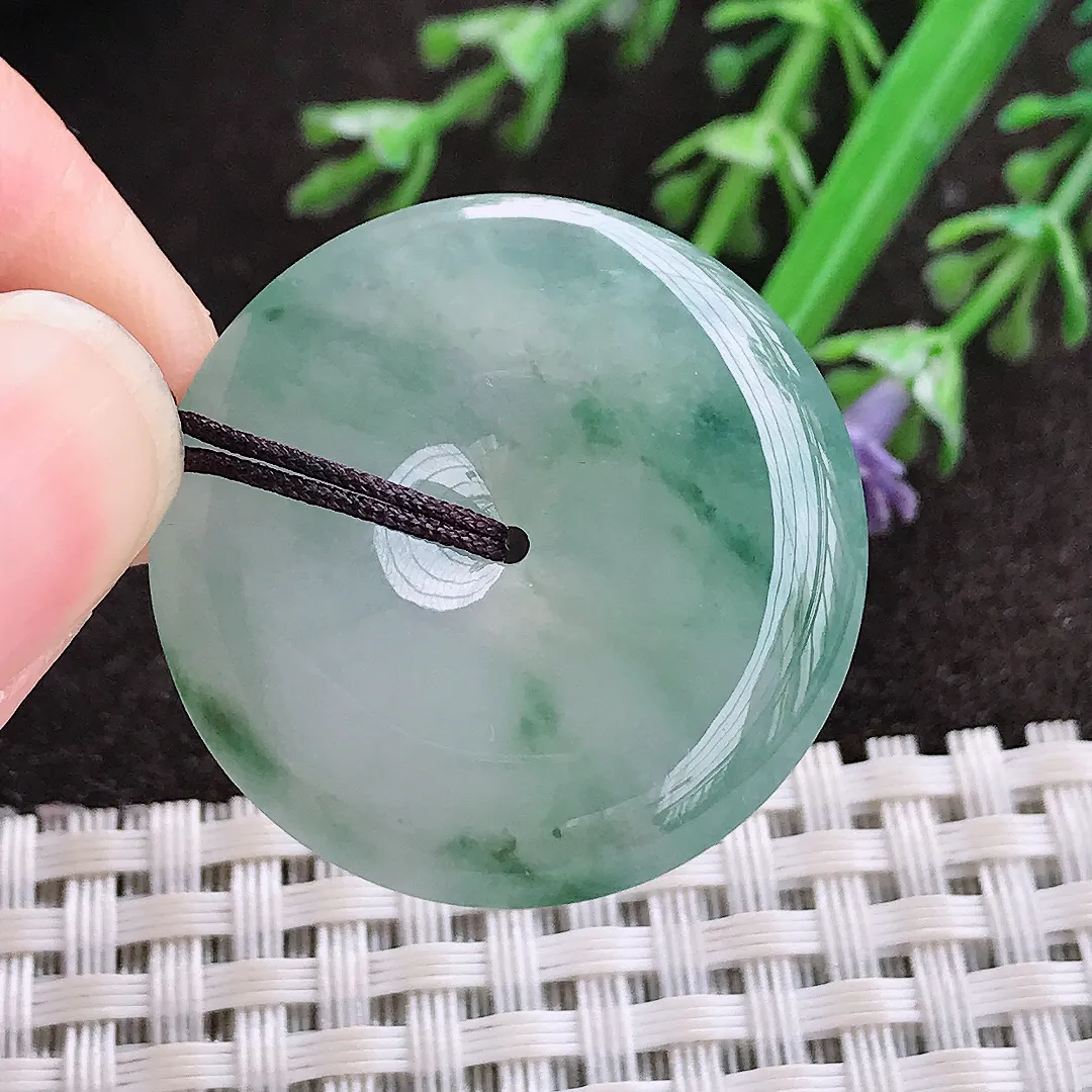 实拍A货翡翠29.9/5.5老坑冰胶果冻冰飘花平安扣吊坠翡翠玉扣挂件