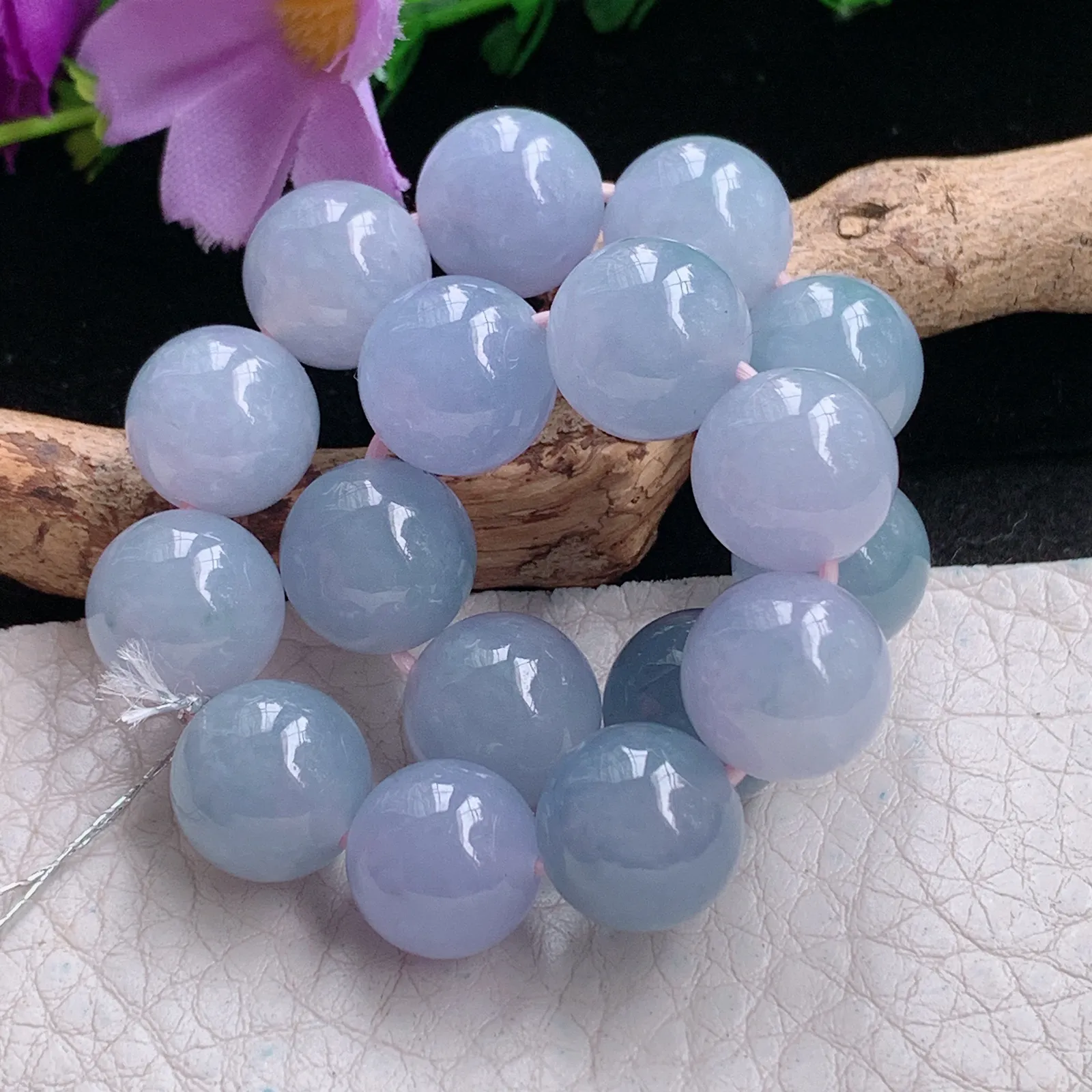 qxm实拍11.6mm缅甸翡翠精雕冰紫高雅圆珠玉手链 玉手串