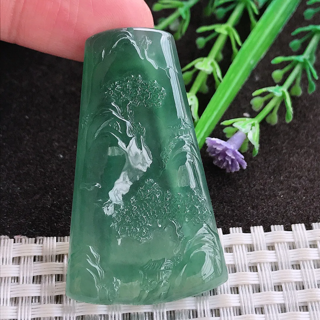 实拍A货翡翠50.5/30/4.7老坑冰种起胶冰蓝蓝韵山水牌吊坠翡翠玉牌挂件