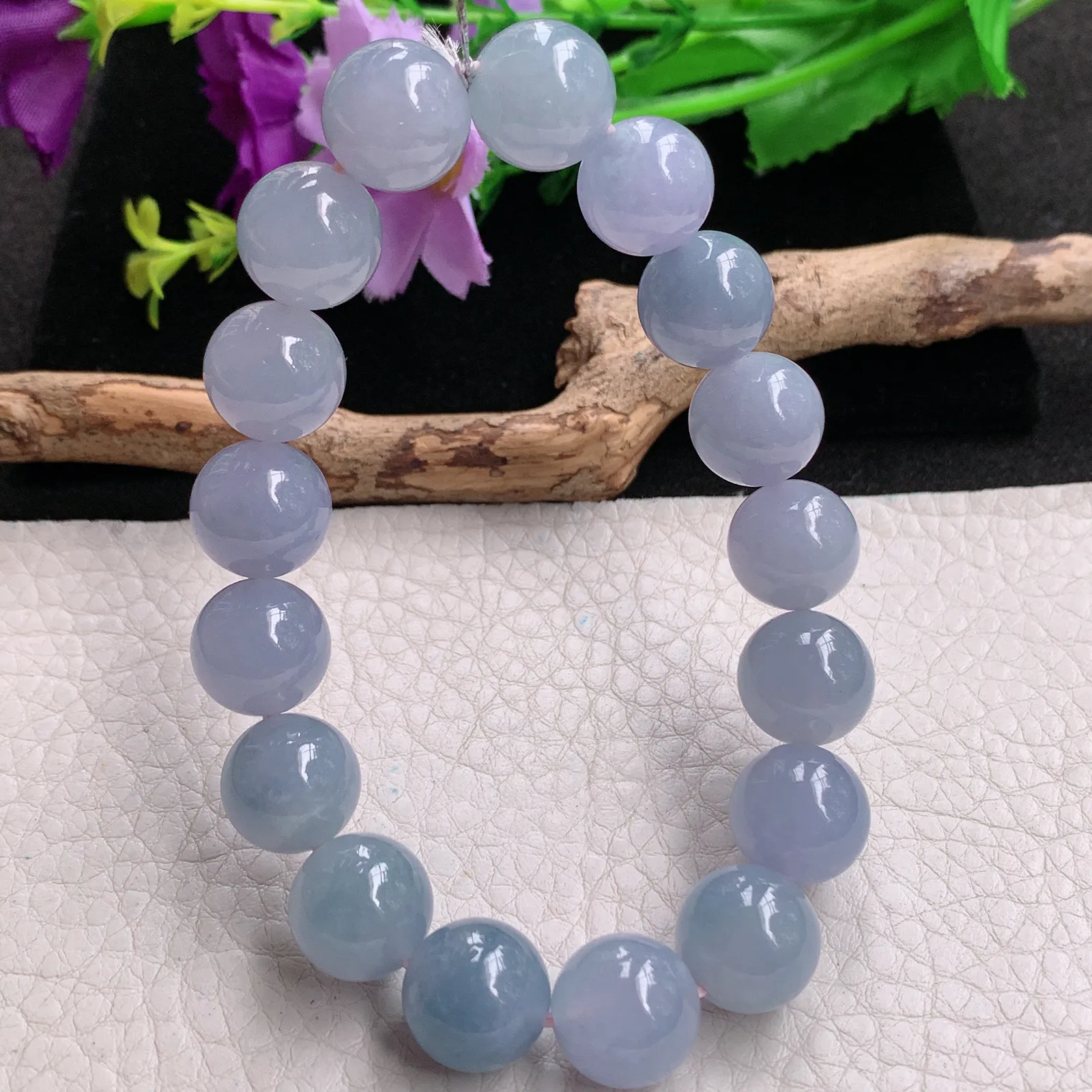 qxm实拍11.6mm缅甸翡翠精雕冰紫高雅圆珠玉手链 玉手串