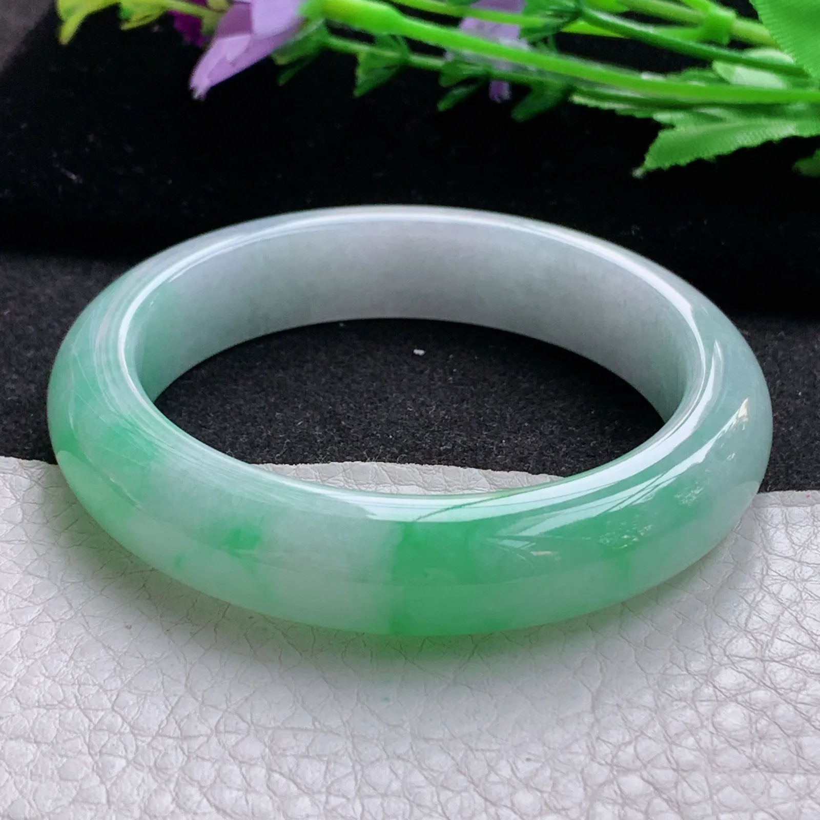 hf实拍56*12.8*9.2平安镯 缅甸翡翠a货玉手镯飘绿厚装宽边玉手环