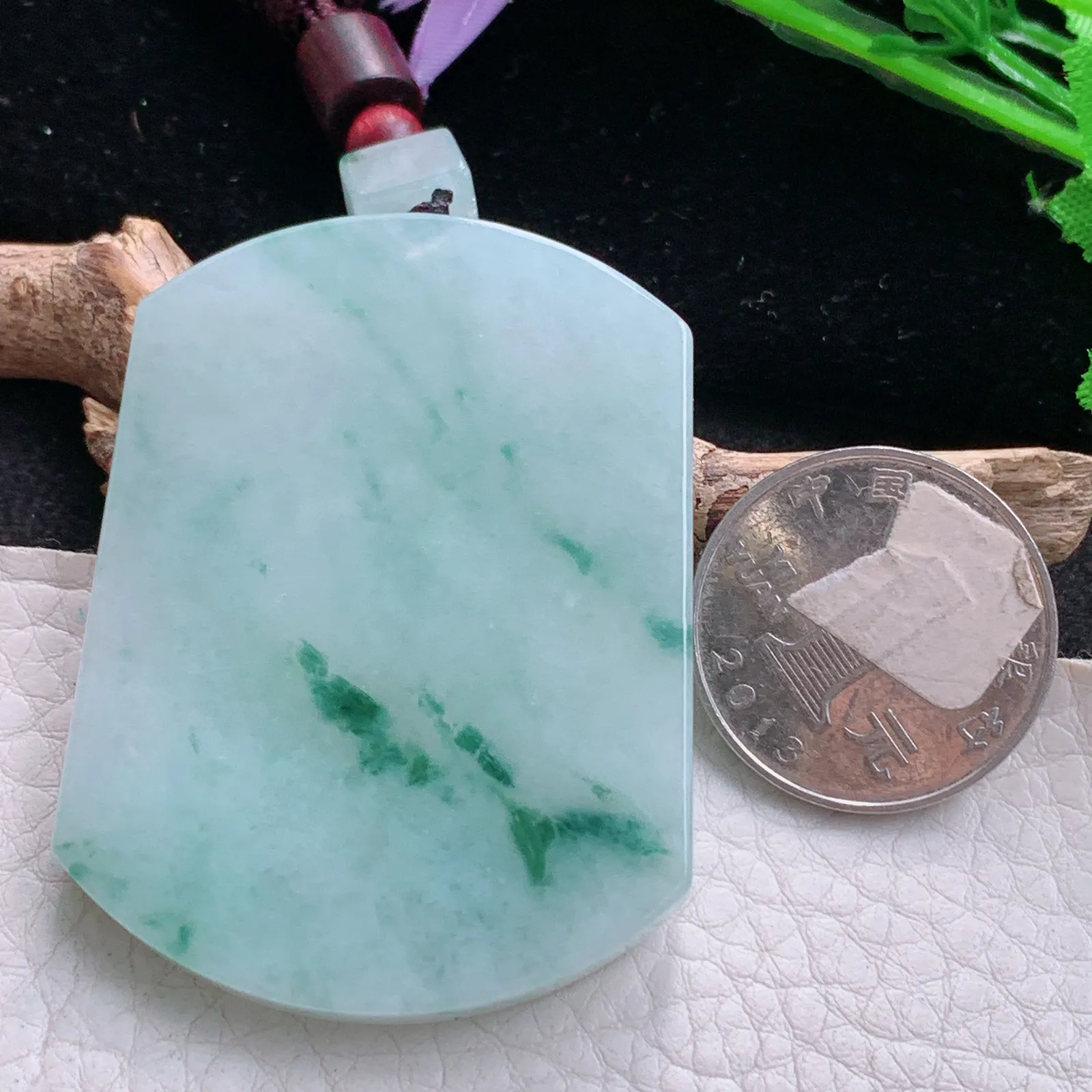 zen自然光55*41*5.8天然缅甸翡翠冰飘花平安无事牌 素面牌玉吊坠 玉挂件