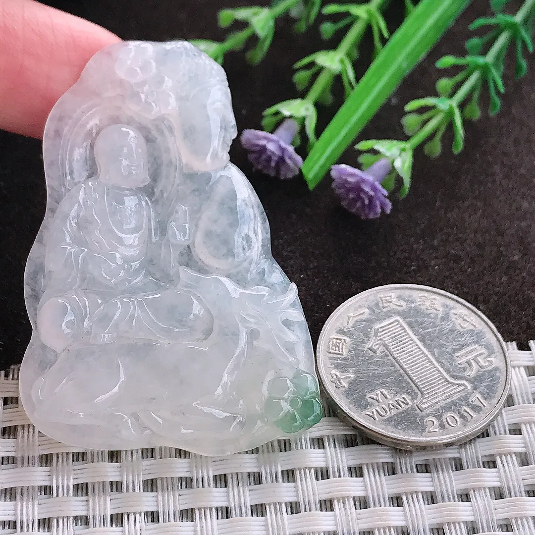 实拍A货翡翠52/36/5.5老坑冰润起胶地藏王菩萨吊坠翡翠玉牌挂件