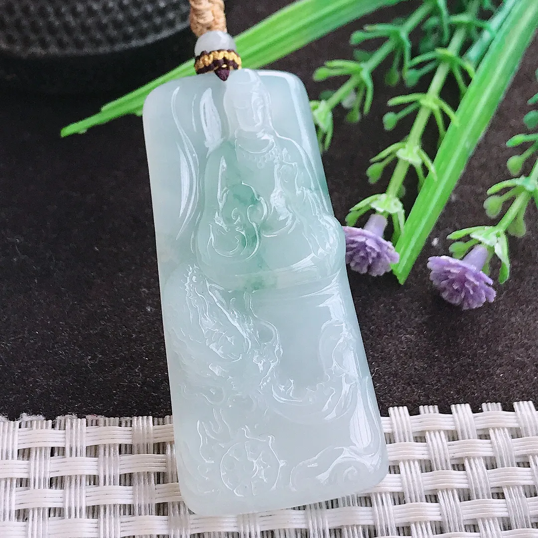 实拍A货翡翠56/25.7/5.3老坑冰胶果冻飘花御龙观音吊坠翡翠玉牌挂件