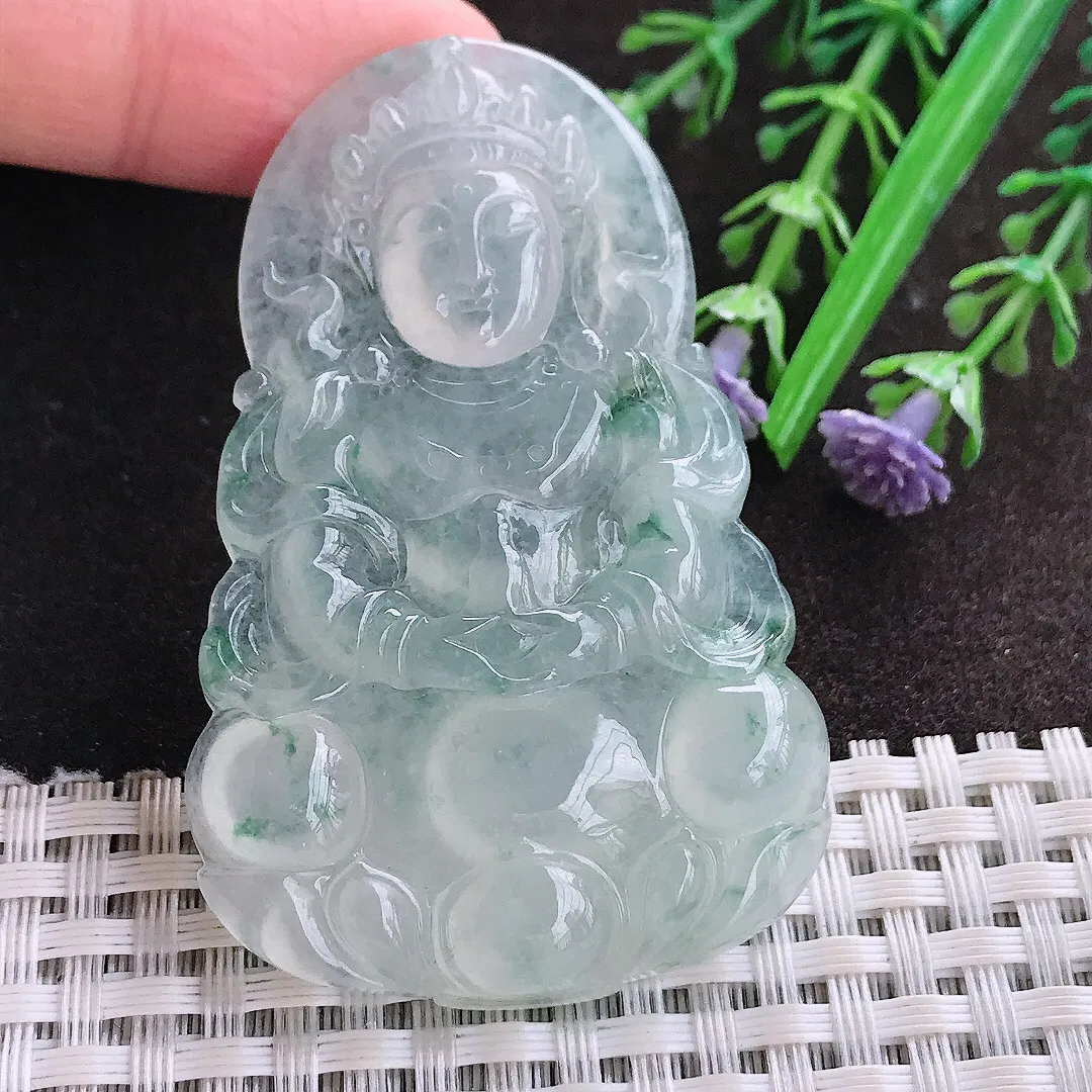 实拍A货翡翠60.8/39/6.6老坑冰种果冻胶飘花渡母菩萨吊坠翡翠玉观音挂件