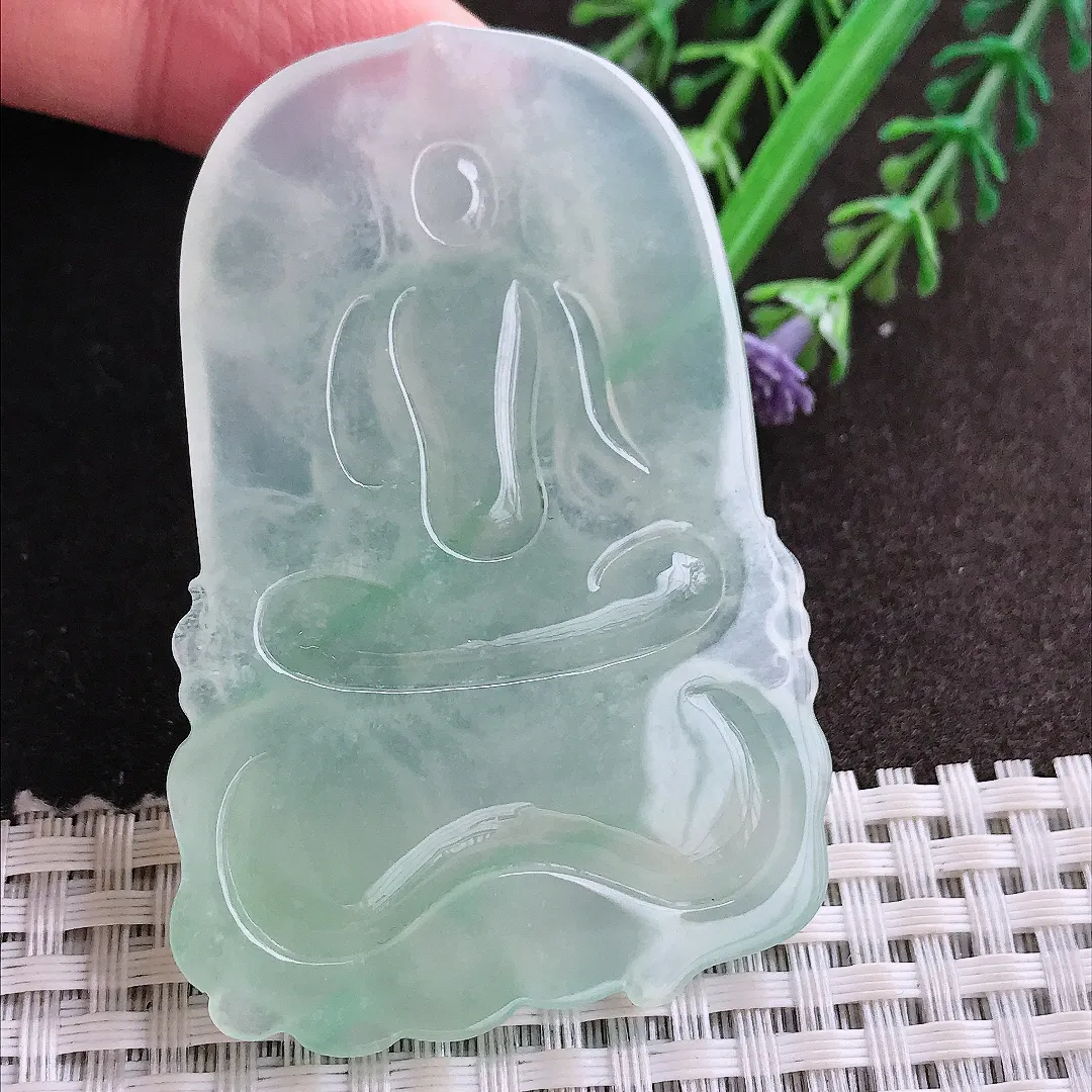 实拍A货翡翠64/42.5/6老坑冰胶果冻冰晴绿普贤菩萨吊坠翡翠玉观音挂件