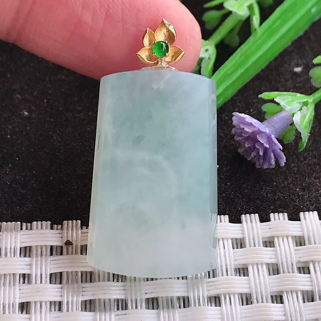 实拍A货翡翠27.5/17.5/4.4老坑18k金镶嵌冰润无事牌吊坠翡翠玉牌挂件