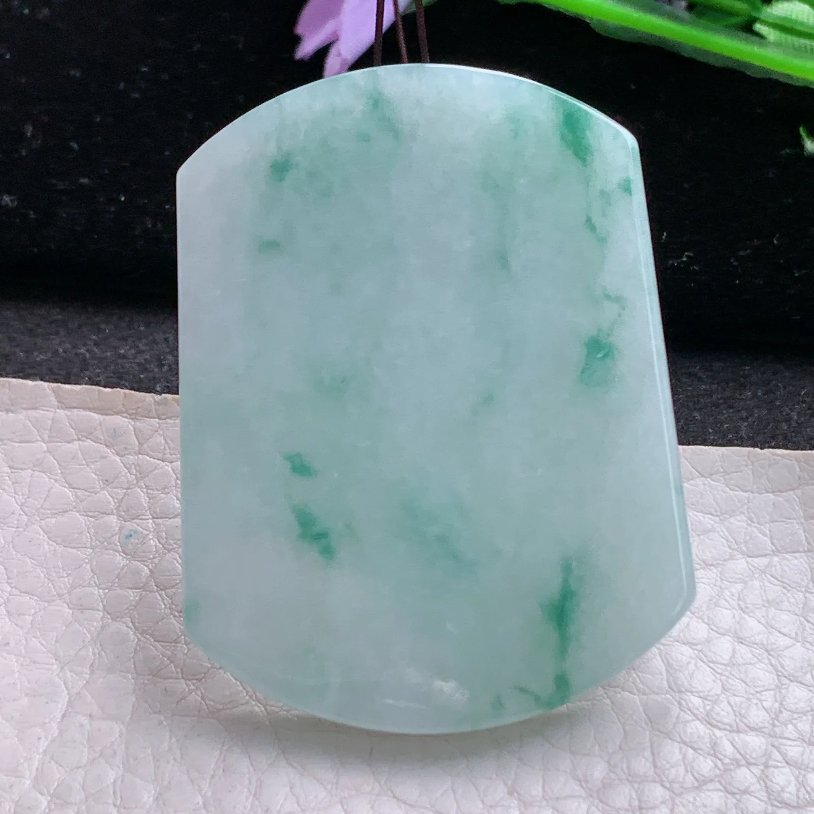 zen自然光55*41.3*5.8天然缅甸翡翠冰飘花平安无事牌 素面牌玉吊坠 玉挂件