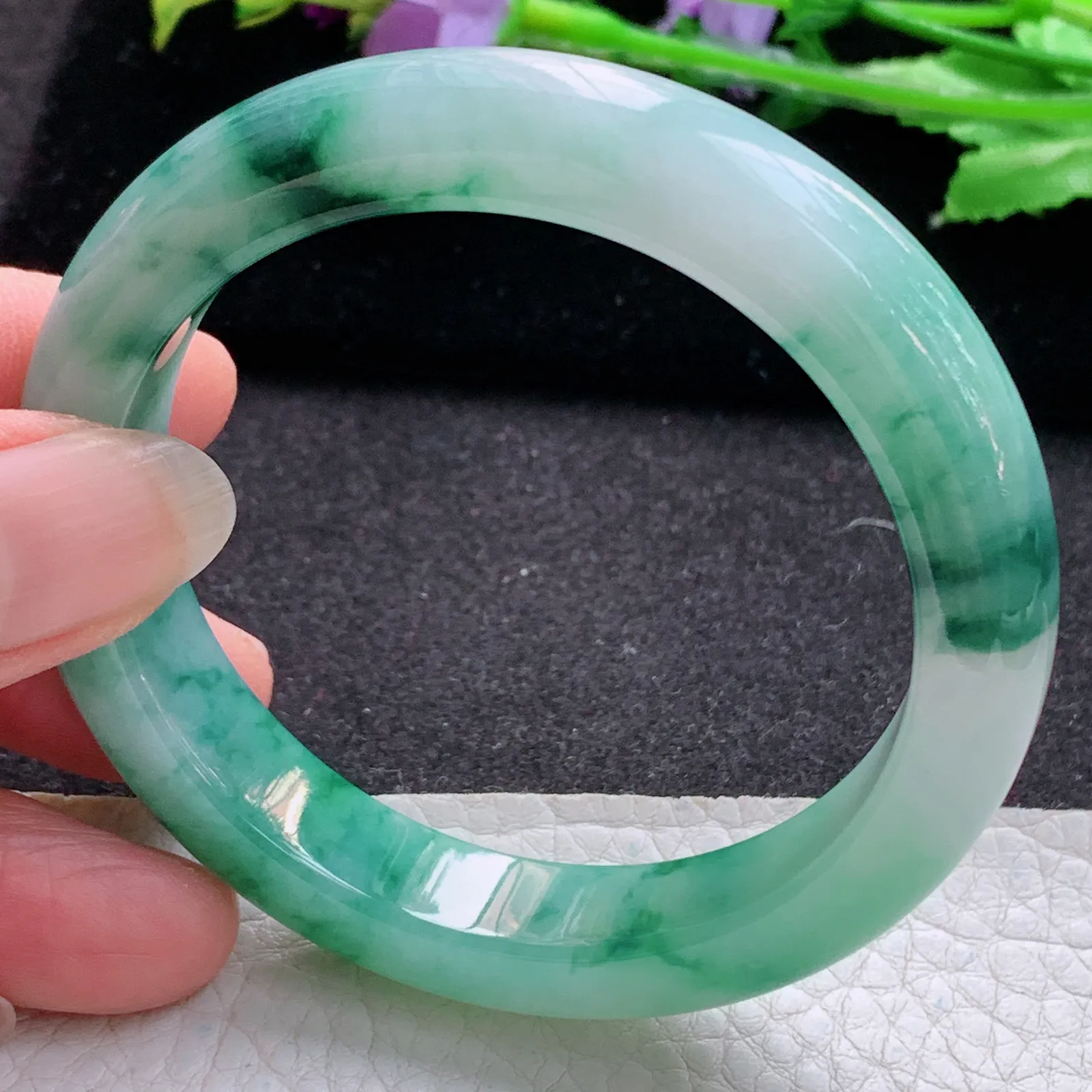 xo实拍55*11.8*8.5平安镯 缅甸翡翠a货玉手镯冰胶飘花宽边玉手环