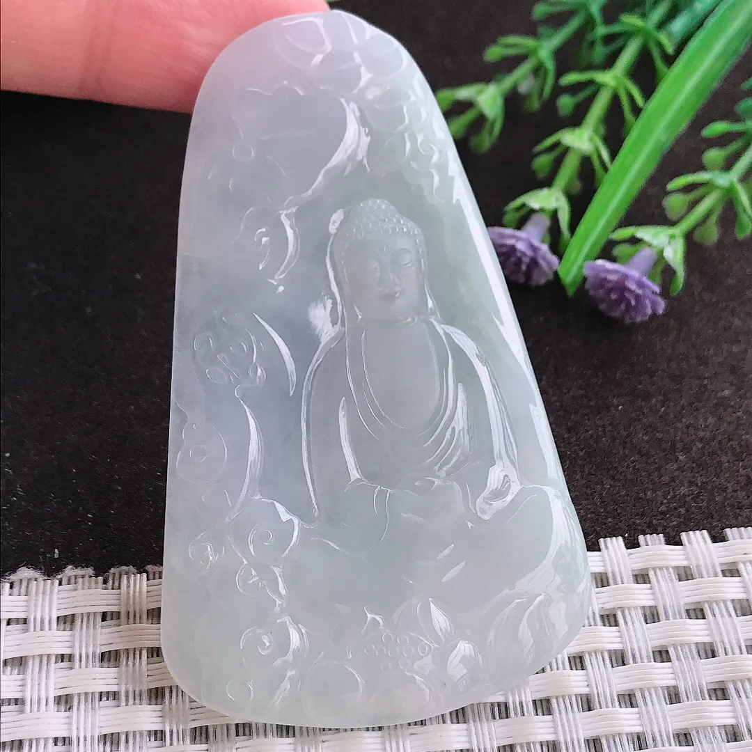 实拍A货翡翠68.5/41.8/4.8老坑冰润起胶大日如来佛祖吊坠翡翠玉牌挂件