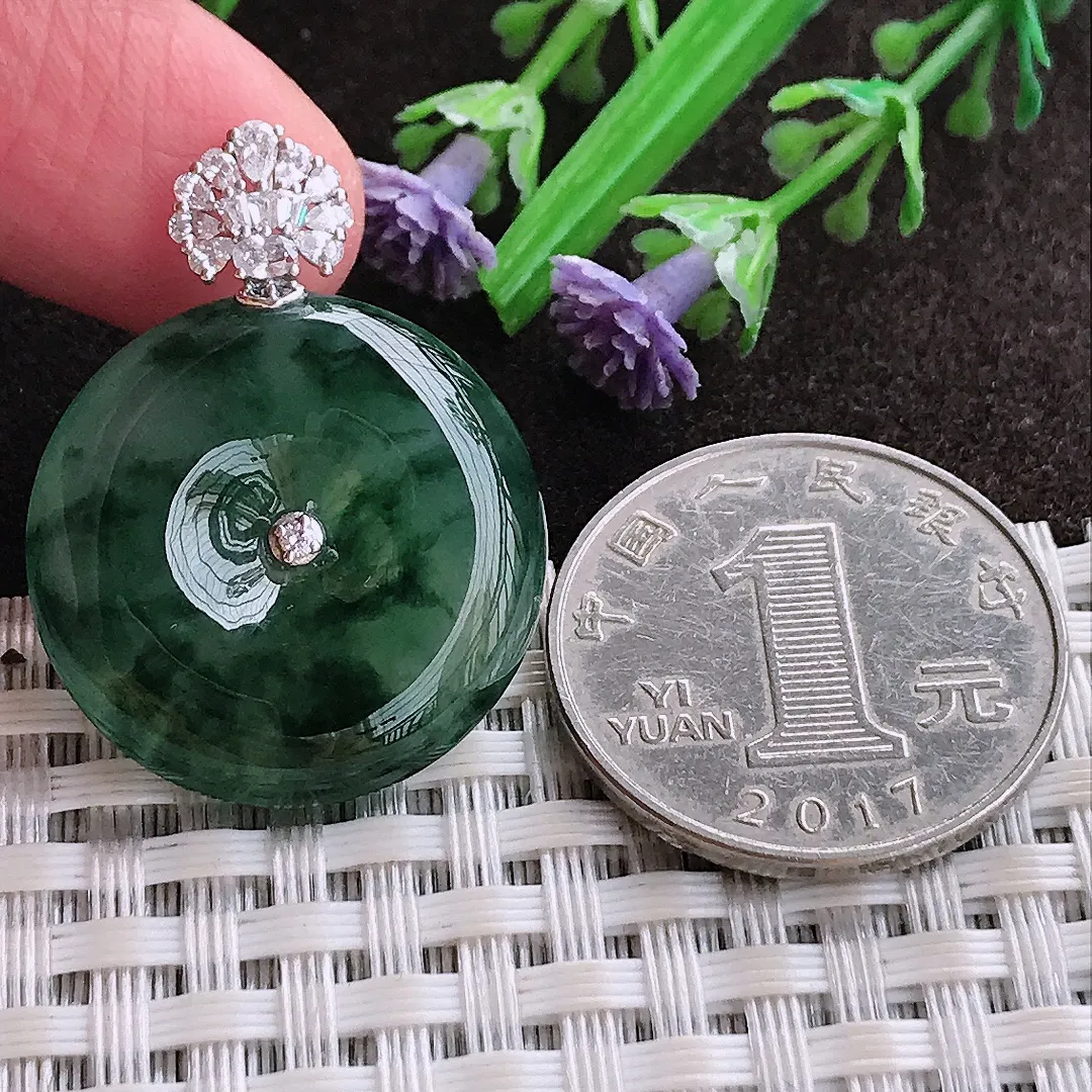 实拍A货翡翠24.2/5.8老坑18k金镶嵌冰胶飘花平安扣吊坠翡翠玉扣挂件