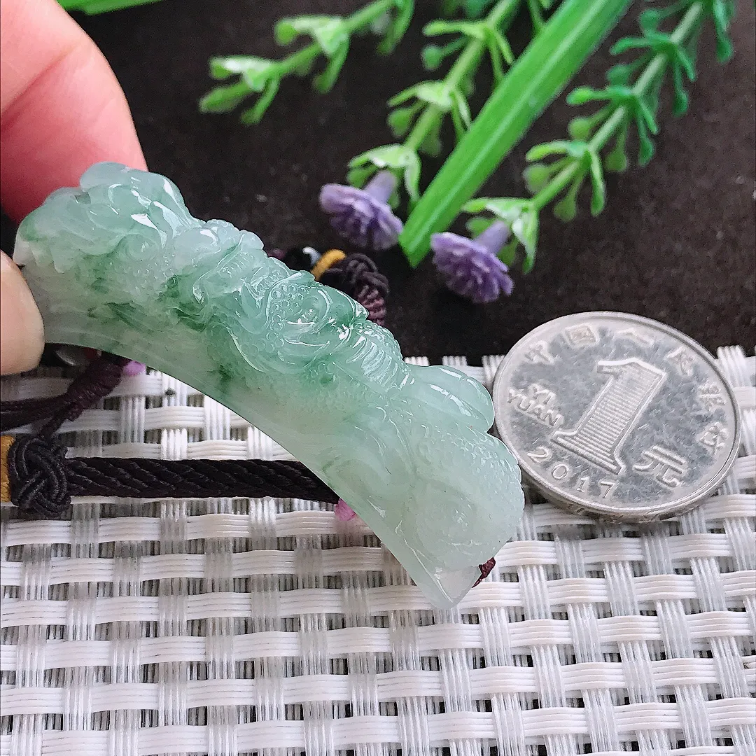 实拍A货翡翠55/11.7/14.5老坑冰润起胶飘花望子成龙手牌吊坠翡翠玉牌