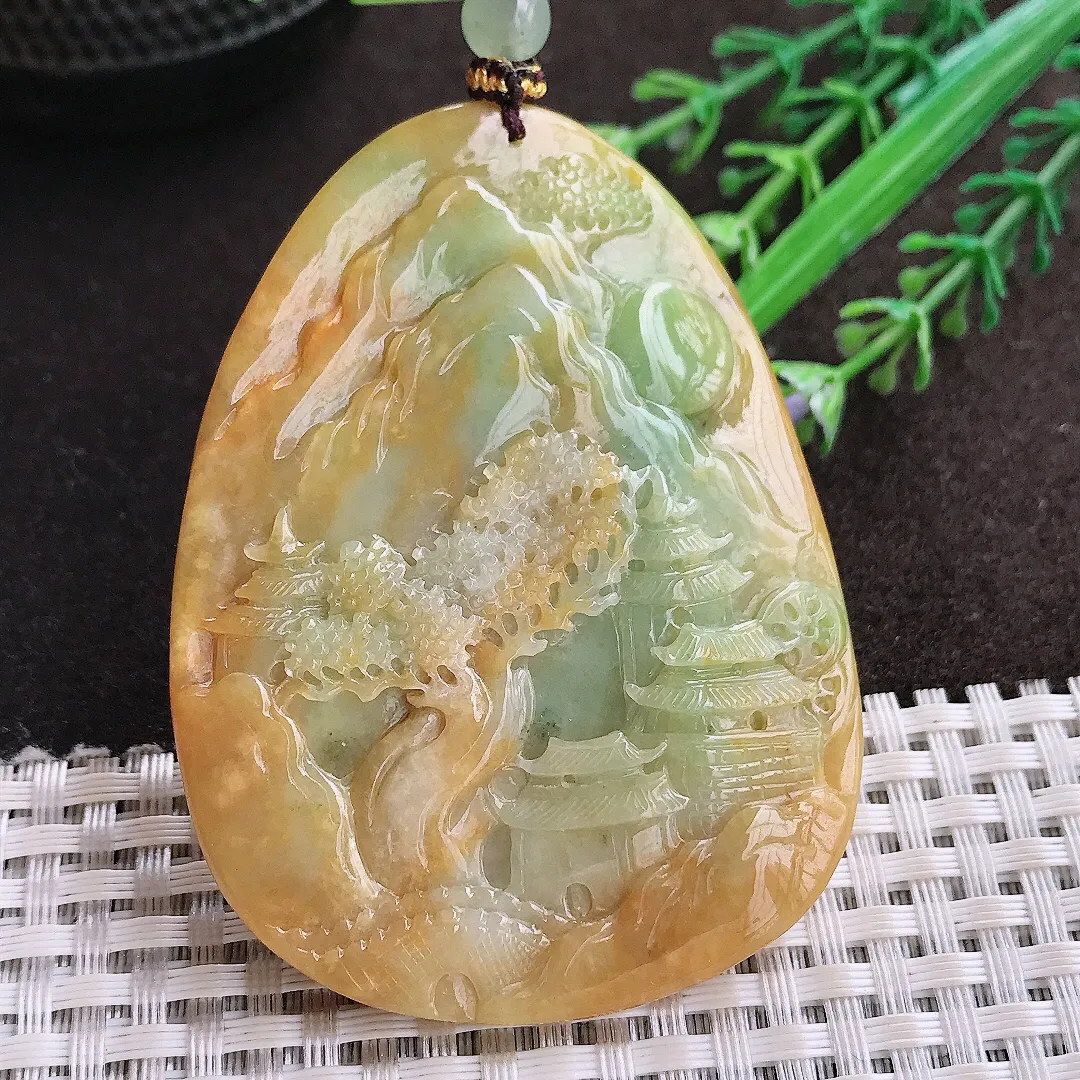 实拍A货翡翠65.6/50/13老坑精美温润黄翡山水牌吊坠翡翠玉牌挂件