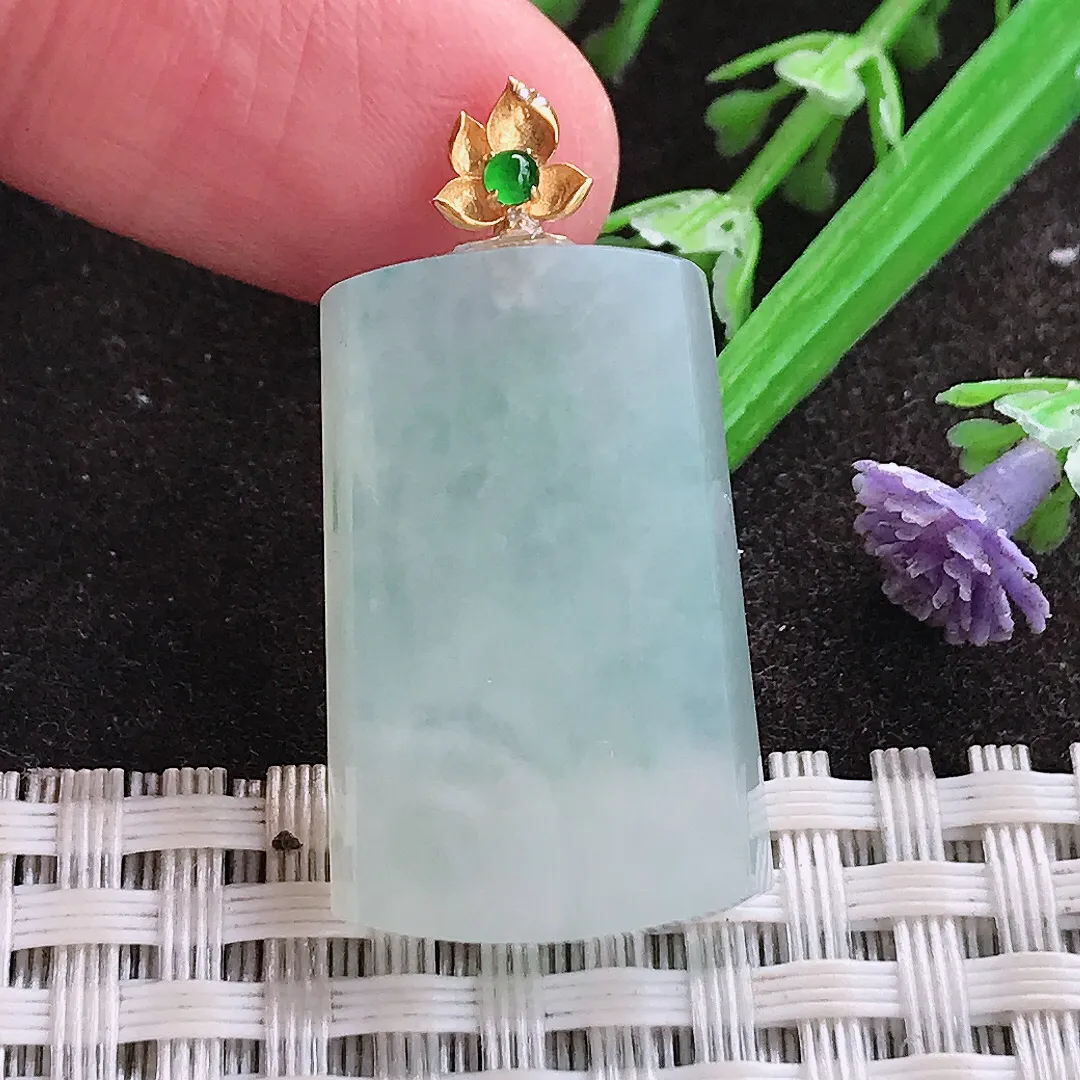 实拍A货翡翠27.5/17.5/4.4老坑18k金镶嵌冰润无事牌吊坠翡翠玉牌挂件