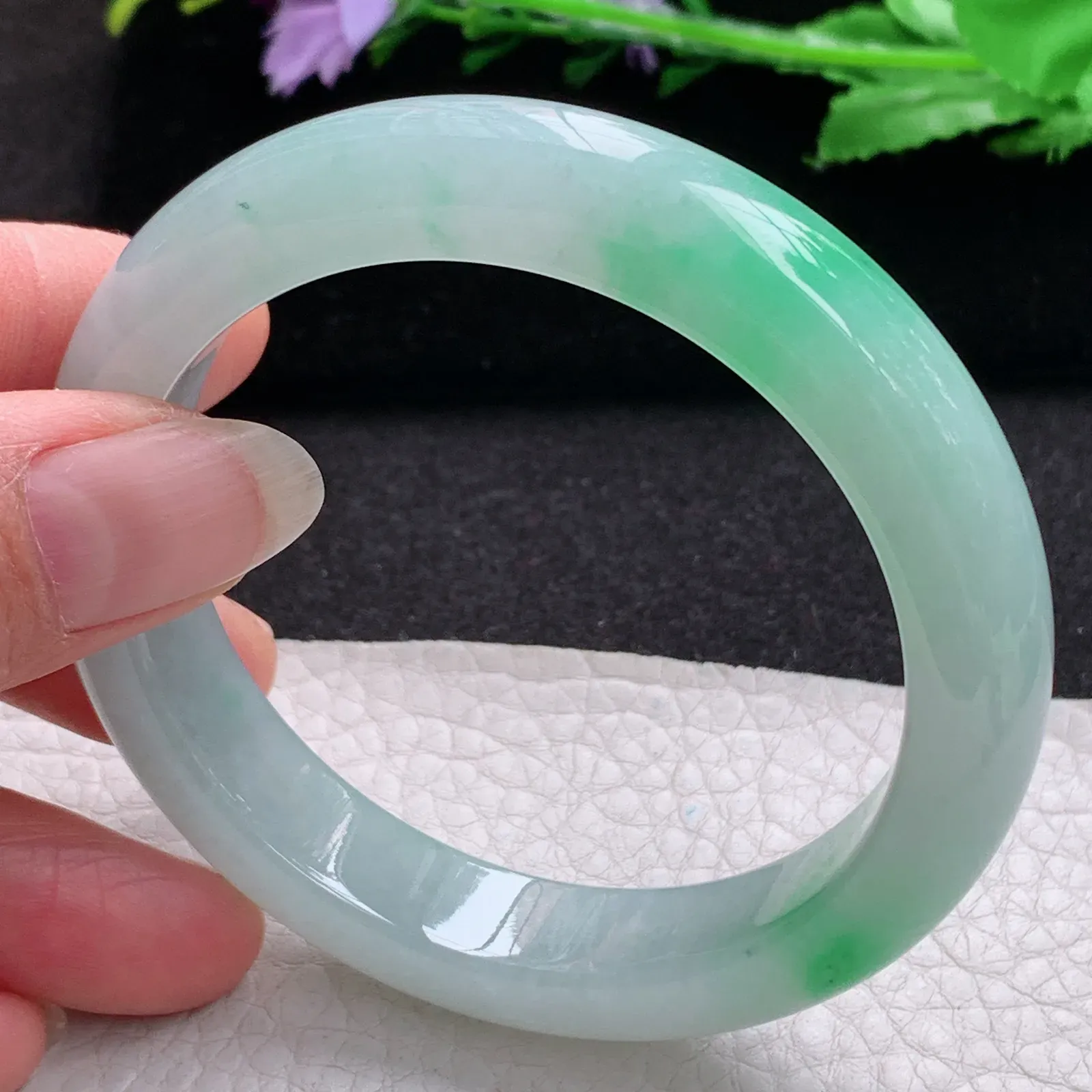 xo实拍57*12.8*9平安镯 缅甸翡翠a货玉手镯冰飘绿宽边玉手环