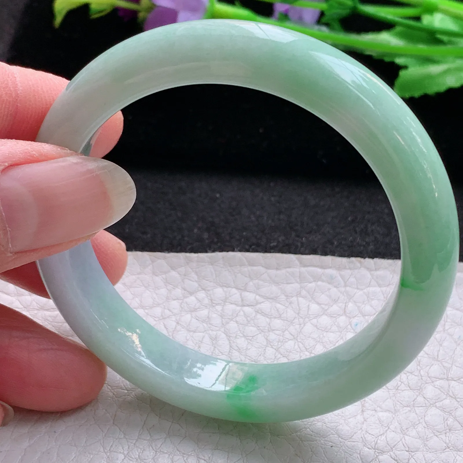 hf小圈口52*10.8*7.8平安镯 缅甸翡翠a货玉手镯秀气春带彩宽边玉手环