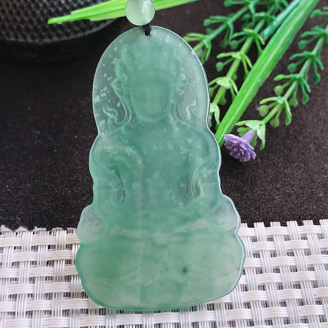 实拍A货翡翠64.5/38.6/4老坑冰润起胶蓝韵度母菩萨吊坠翡翠玉牌挂件