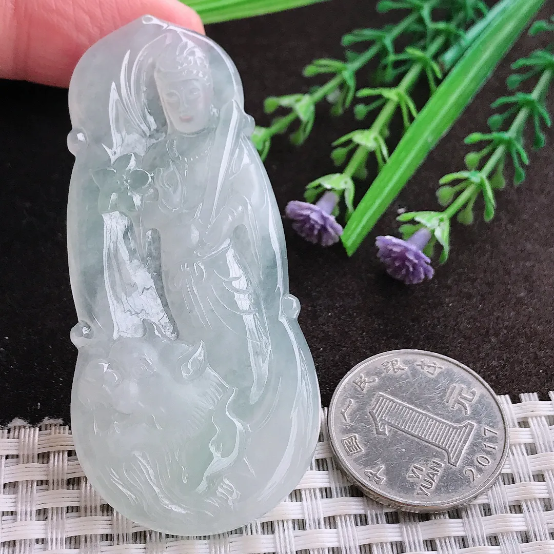 实拍A货翡翠69/32.4/5.5老坑冰纯起胶文殊菩萨吊坠翡翠玉牌挂件