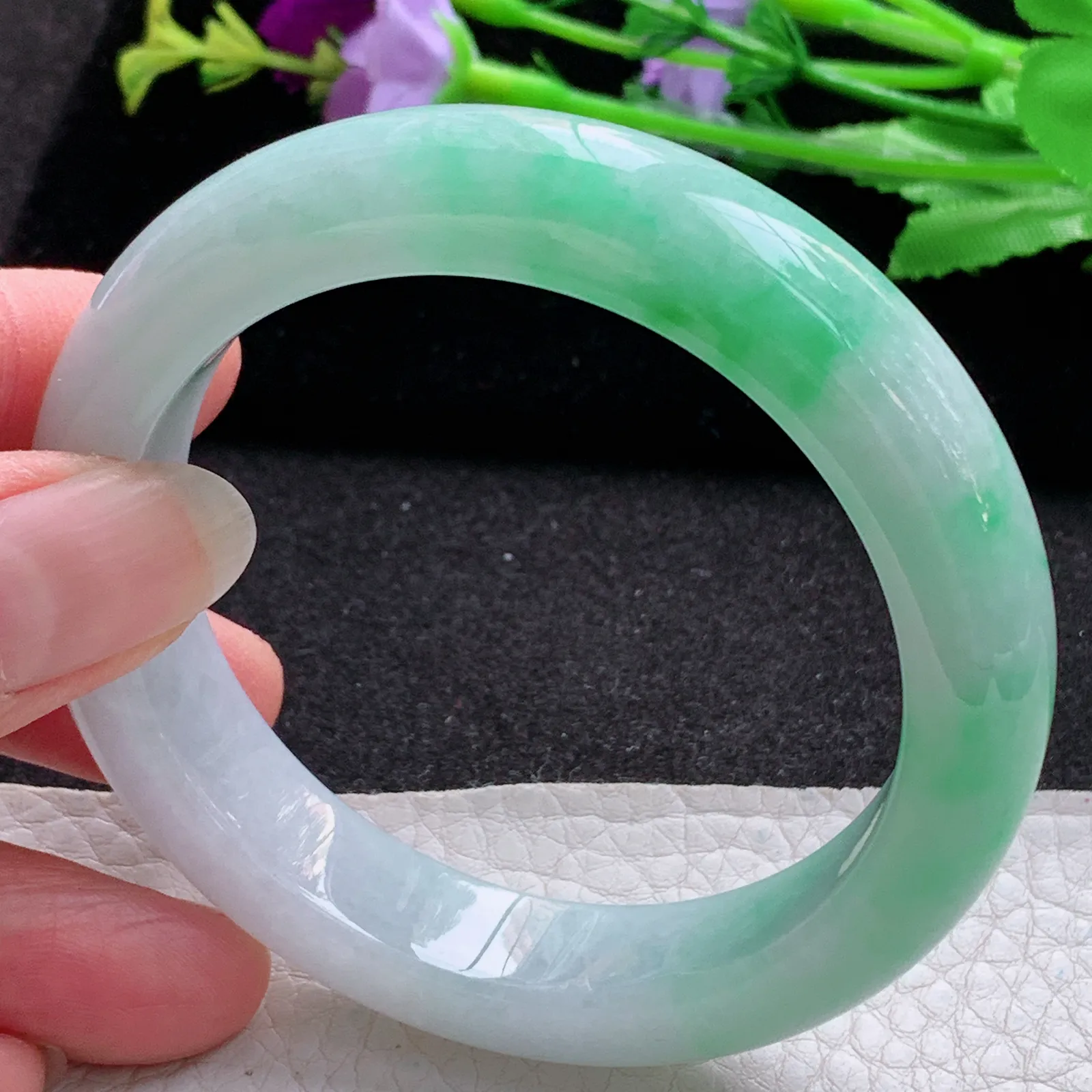 hf实拍56*12.8*9.2平安镯 缅甸翡翠a货玉手镯飘绿厚装宽边玉手环