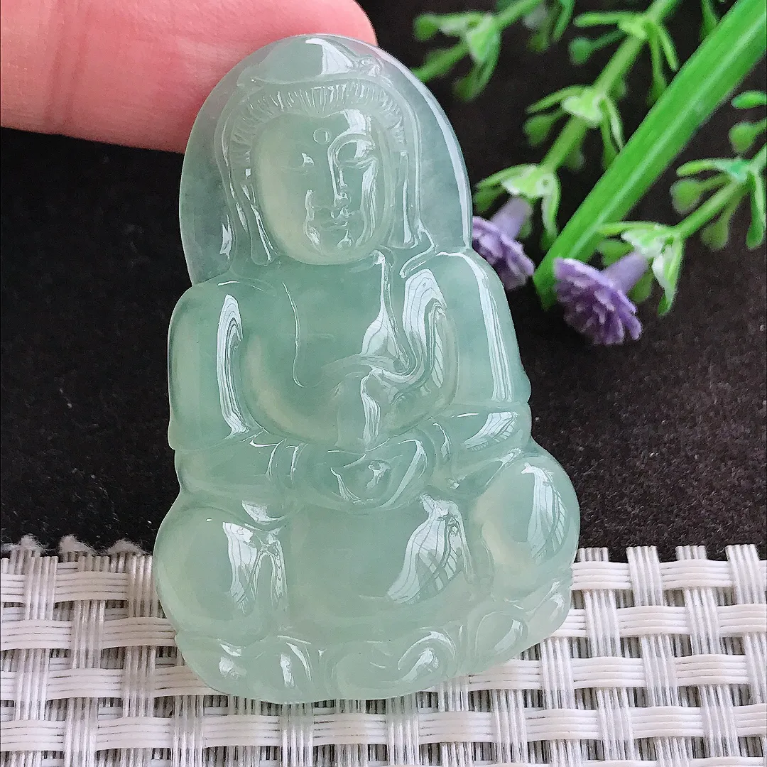 实拍A货翡翠51/33.8/5.3老坑冰胶冰晴满甜绿观音菩萨吊坠翡翠玉观音挂件