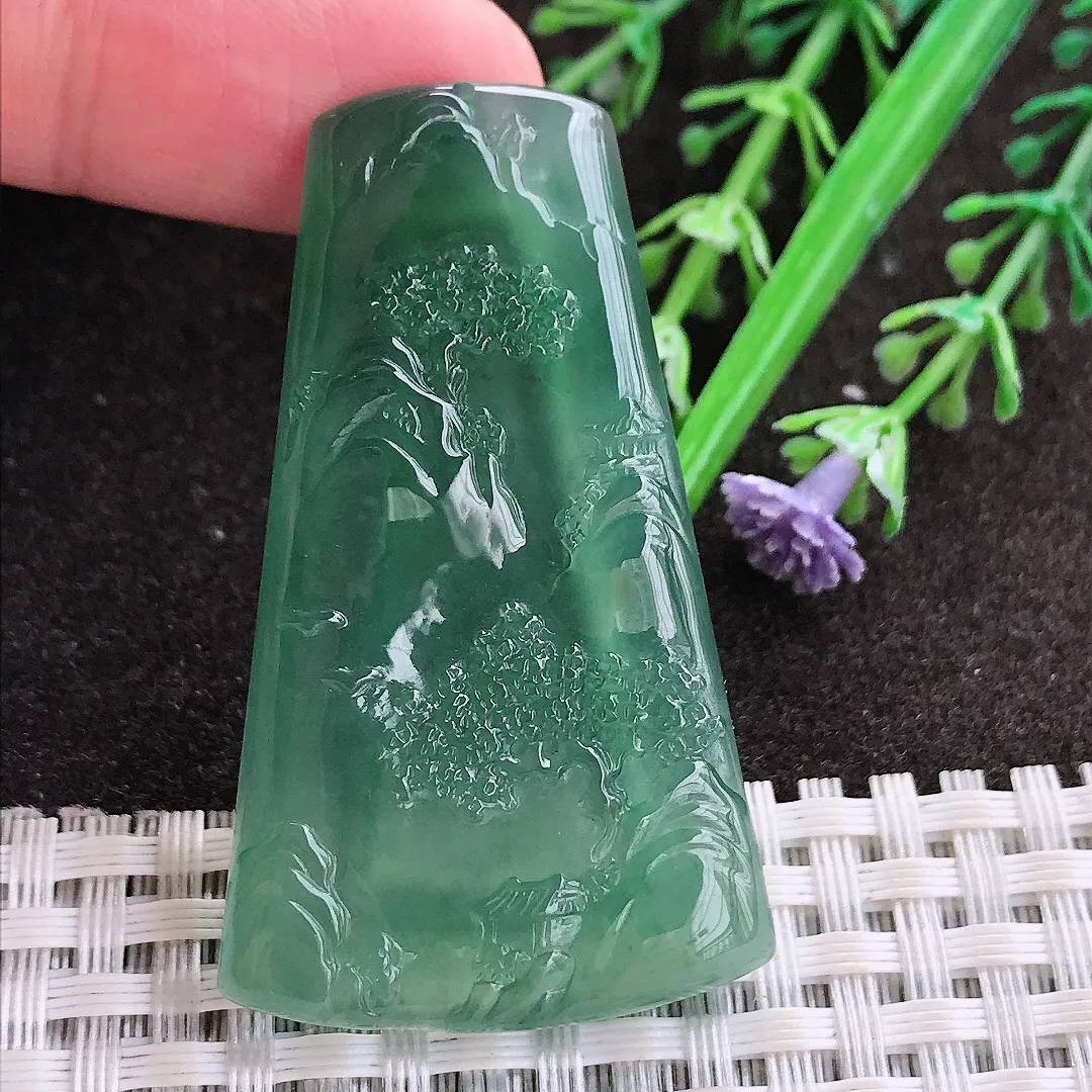 实拍A货翡翠50.5/30/4.7老坑冰种起胶冰蓝蓝韵山水牌吊坠翡翠玉牌挂件