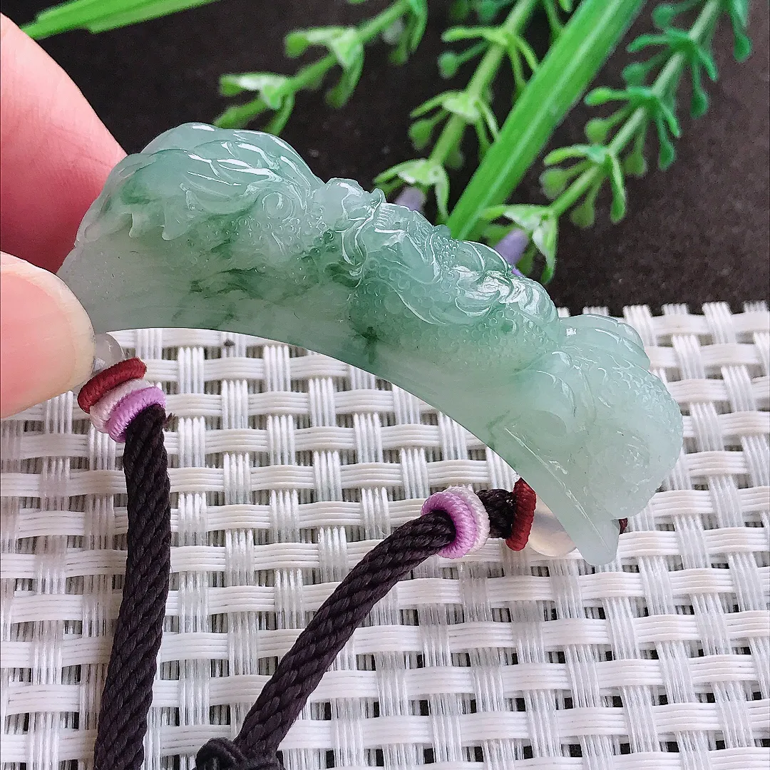 实拍A货翡翠55/11.7/14.5老坑冰润起胶飘花望子成龙手牌吊坠翡翠玉牌