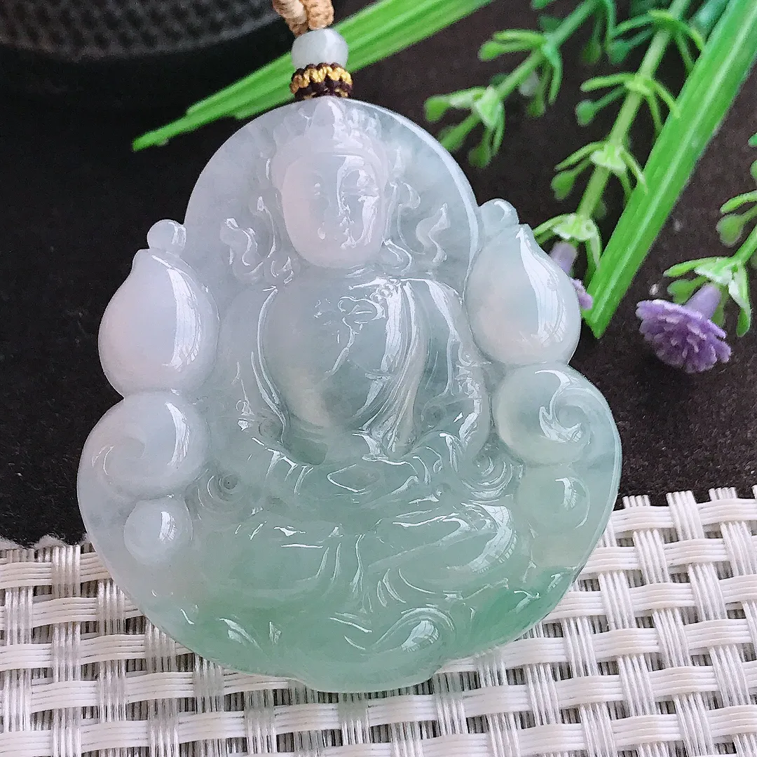 实拍A货翡翠53/48.6/6.8老坑冰胶水灵冰晴绿赐福观音吊坠翡翠玉观音挂件