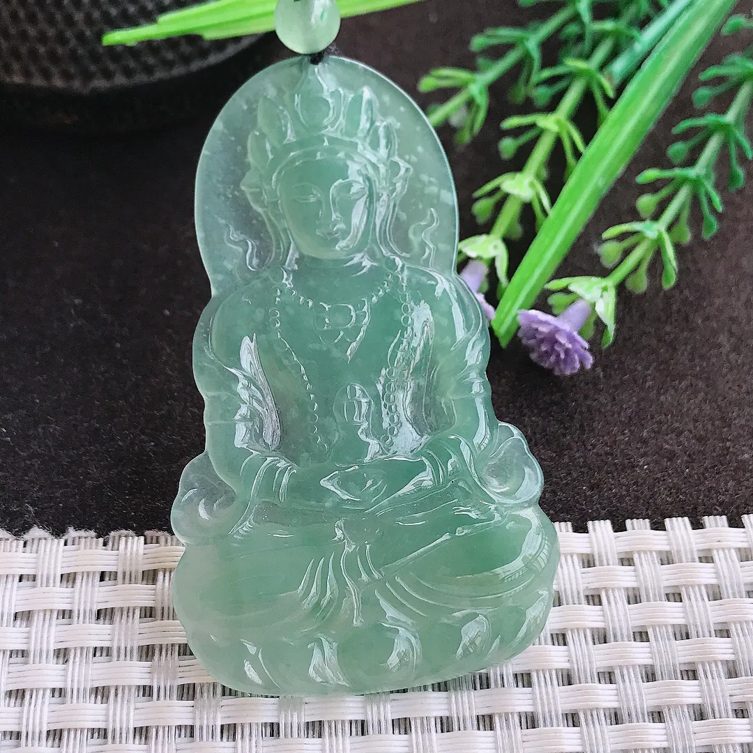 实拍A货翡翠64.5/38.6/4老坑冰润起胶蓝韵度母菩萨吊坠翡翠玉牌挂件