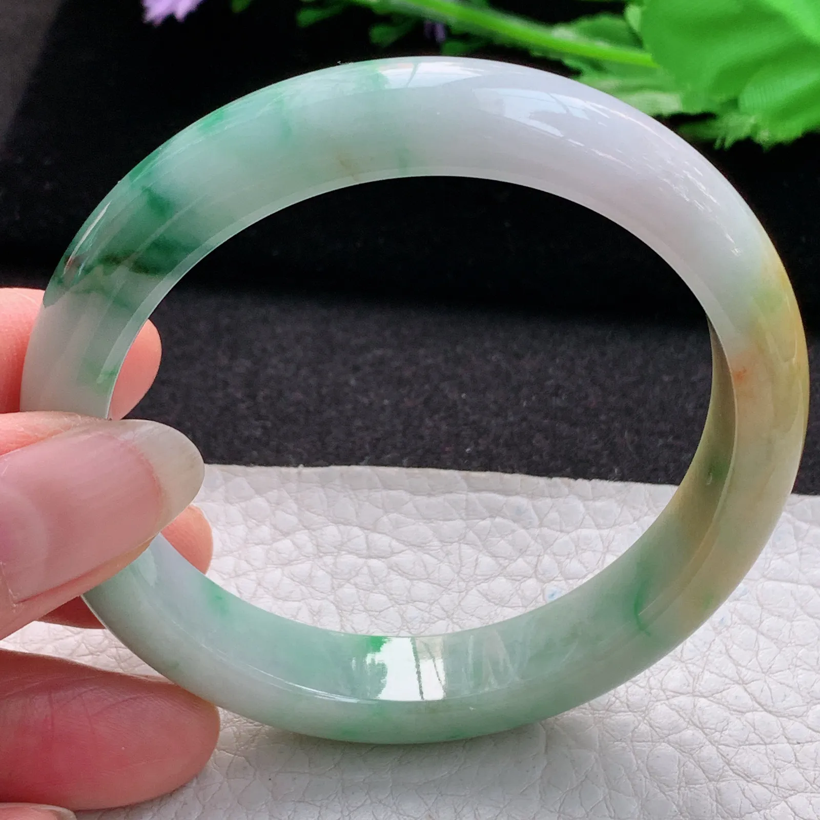 h实拍57.5*11.8*7.8平安镯 缅甸翡翠a货玉手镯胶感三彩宽边玉手环