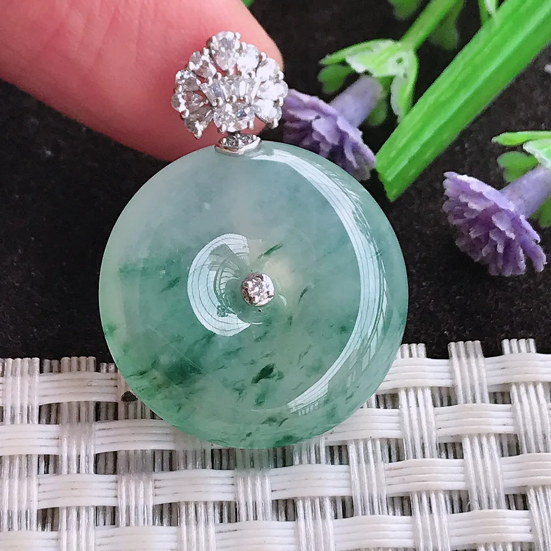 实拍A货翡翠22.3/5.8老坑18k金镶嵌冰种飘花平安扣吊坠翡翠玉牌挂件