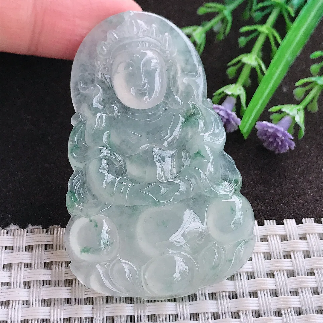 实拍A货翡翠60.8/39/6.6老坑冰种果冻胶飘花渡母菩萨吊坠翡翠玉观音挂件