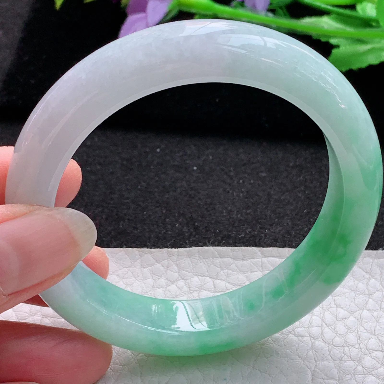 hf实拍56*12.8*9.2平安镯 缅甸翡翠a货玉手镯飘绿厚装宽边玉手环