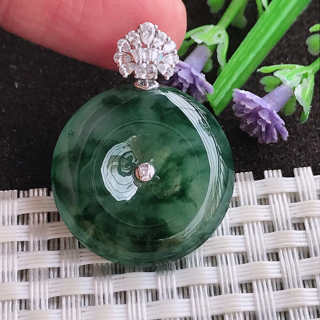 实拍A货翡翠24.2/5.8老坑18k金镶嵌冰胶飘花平安扣吊坠翡翠玉扣挂件