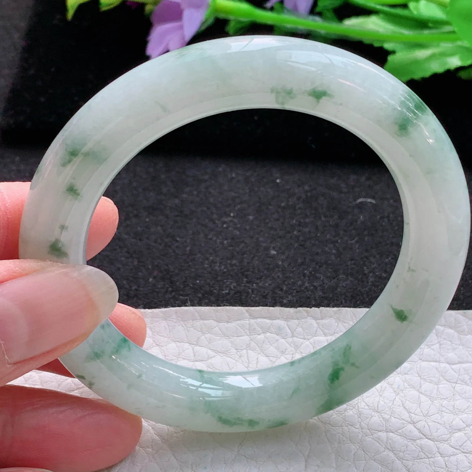 ee实拍53.9*10.8*10.9美人镯 缅甸翡翠a货玉手镯冰飘花圆条玉手环